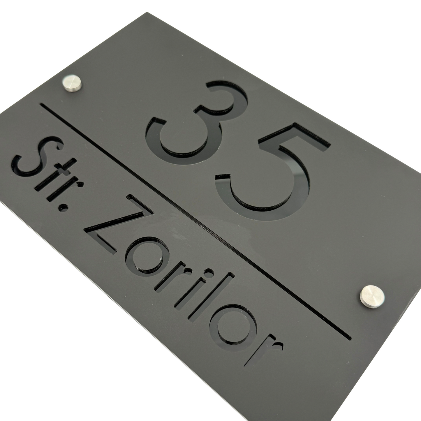 PREMIUM HOUSE NUMBER - Satin Black Glossy Black 2 Spacers Silver - 30×20 cm