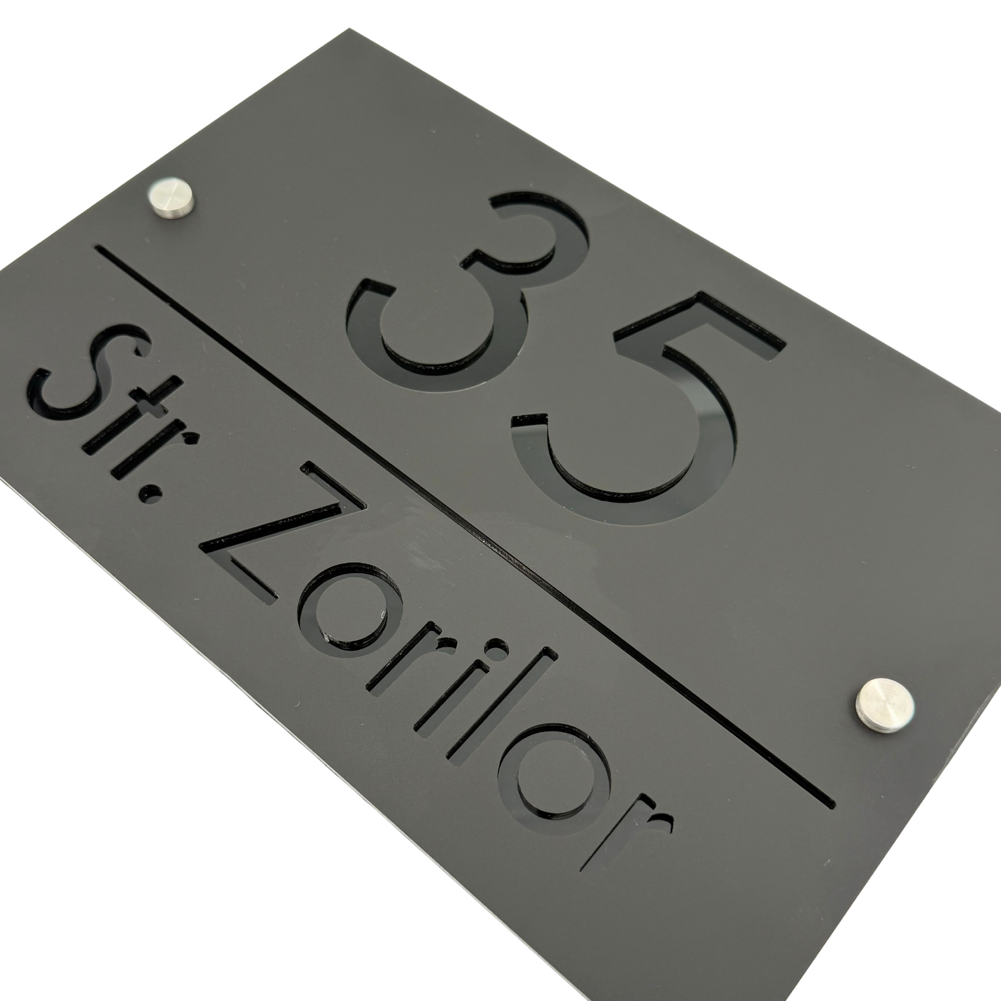 PREMIUM HOUSE NUMBER - Satin Black Glossy Black 2 Spacers Silver - 30×20 cm