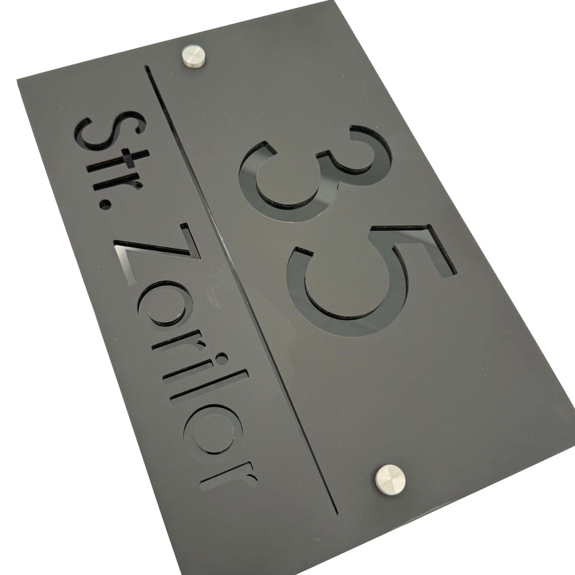 PREMIUM HOUSE NUMBER - Satin Black Glossy Black 2 Spacers Silver - 30×20 cm