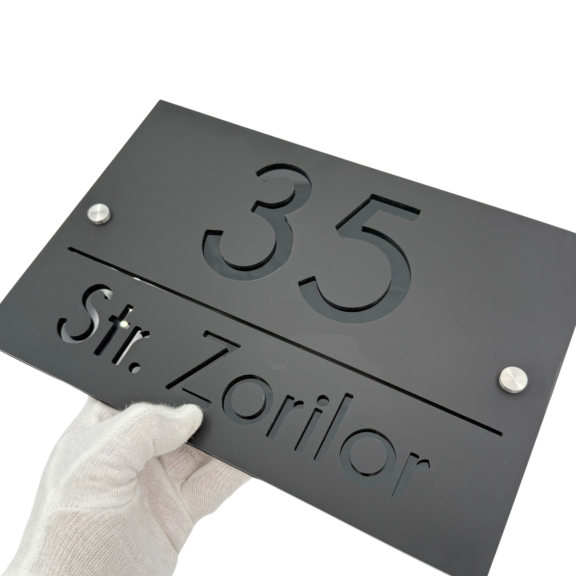 PREMIUM HOUSE NUMBER - Satin Black Glossy Black 2 Spacers Silver - 30×20 cm