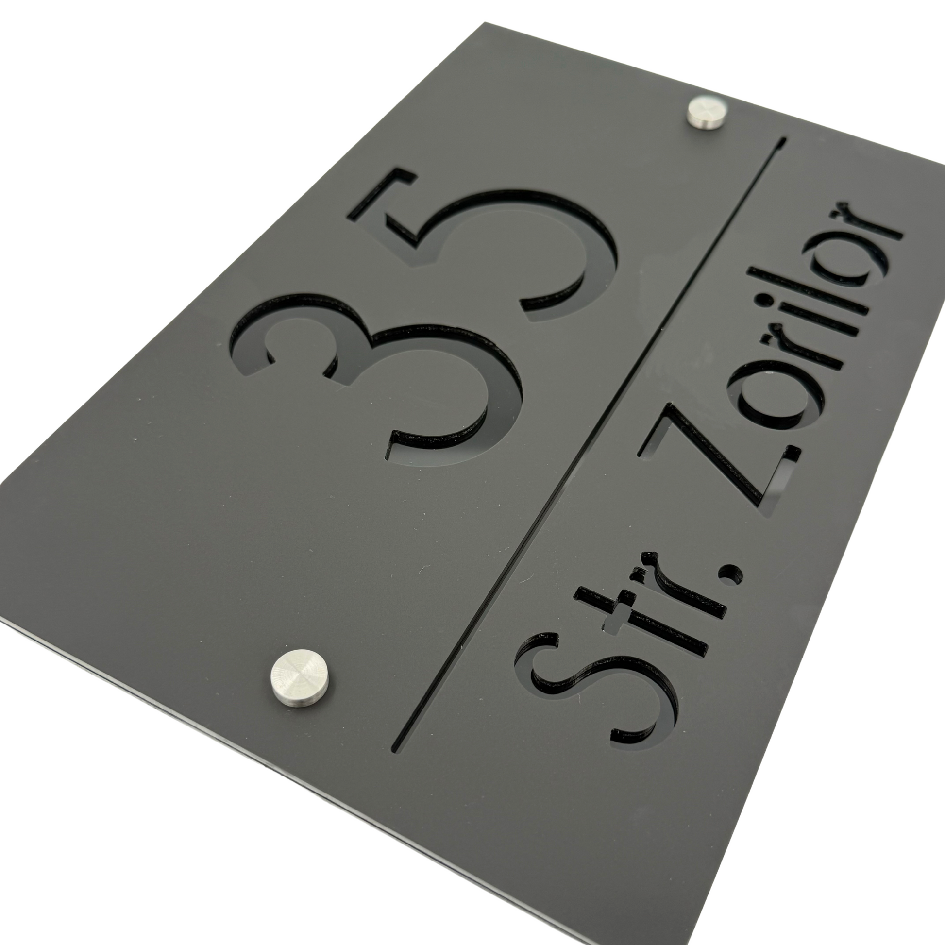 PREMIUM HOUSE NUMBER - Satin Black Glossy Black 2 Spacers Silver - 30×20 cm
