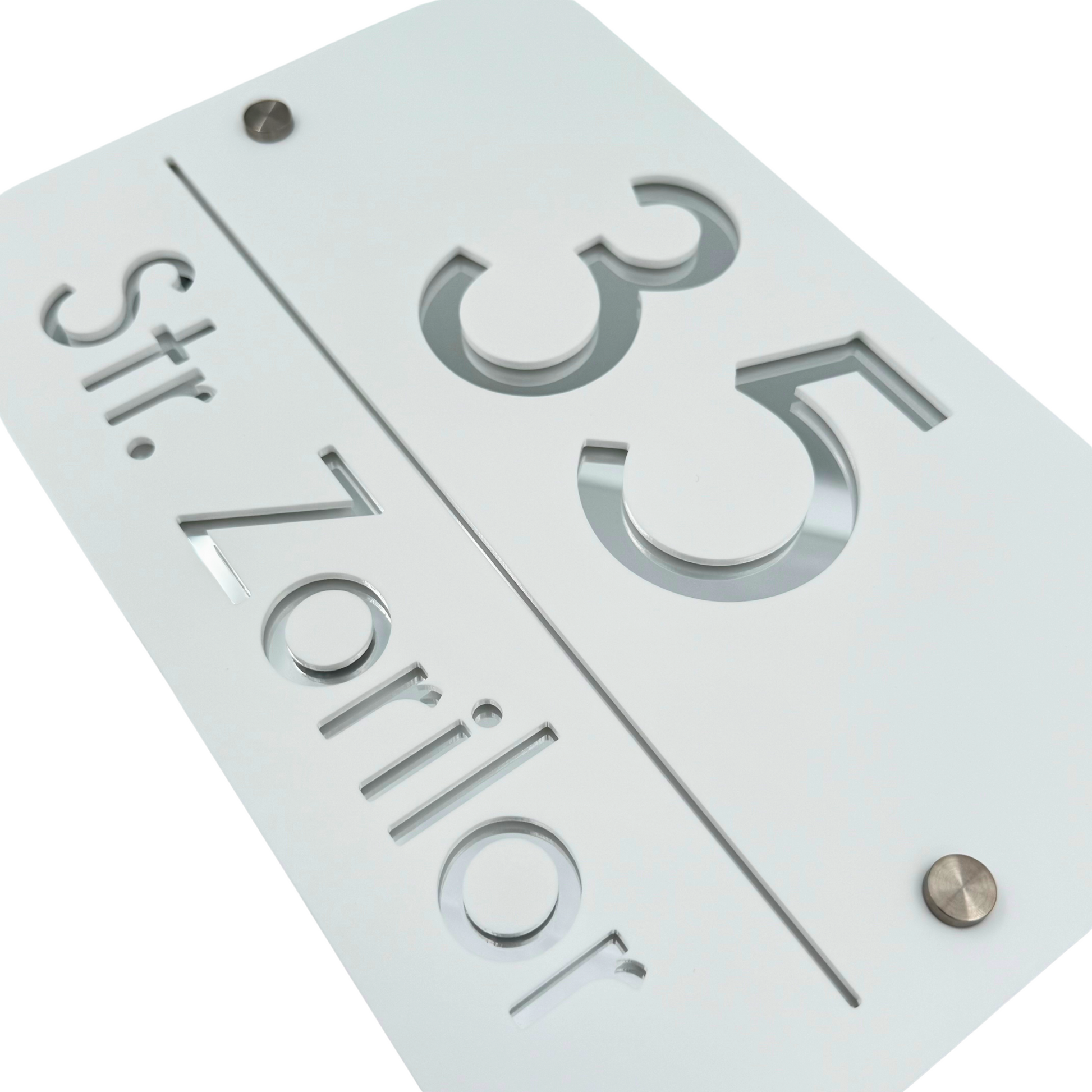 PREMIUM HOUSE NUMBER - White Satin Silver Mirror 2 Spacers Silver - 30×20 cm