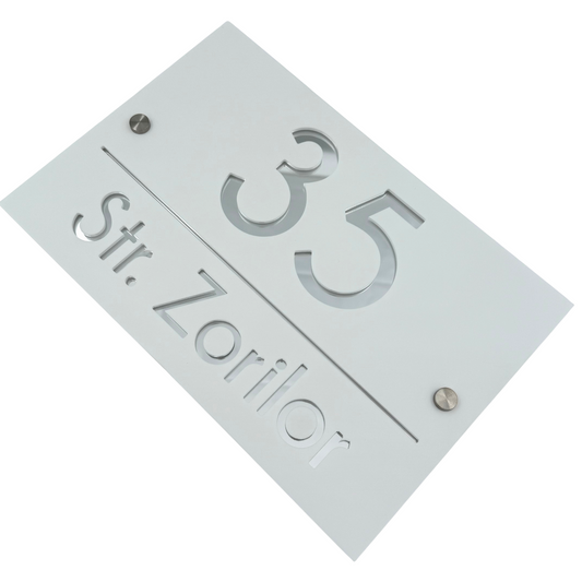 PREMIUM HOUSE NUMBER - White Satin Silver Mirror 2 Spacers Silver - 30×20 cm