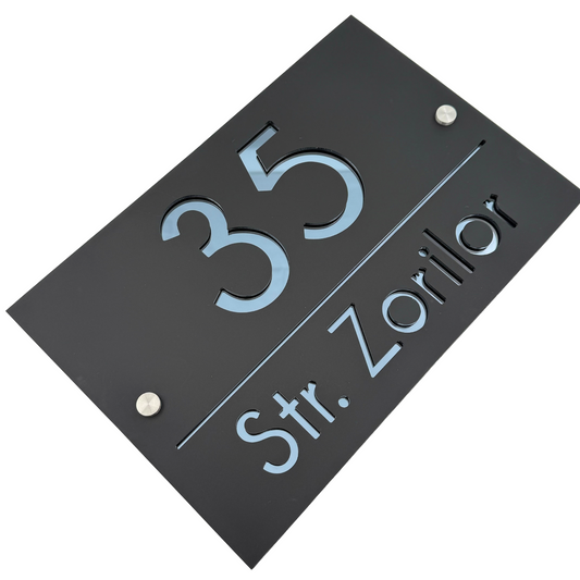 PREMIUM HOUSE NUMBER - Satin Black Anthracite Grey Mirror 2 Spacers Silver - 30×20 cm