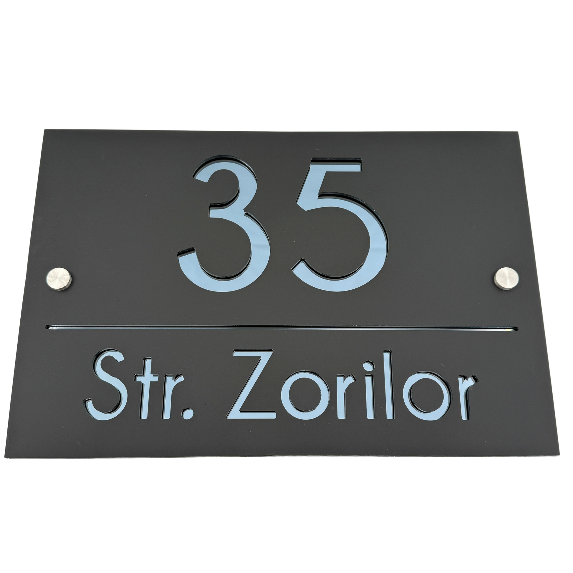 PREMIUM HOUSE NUMBER - Satin Black Anthracite Grey Mirror 2 Spacers Silver - 30×20 cm