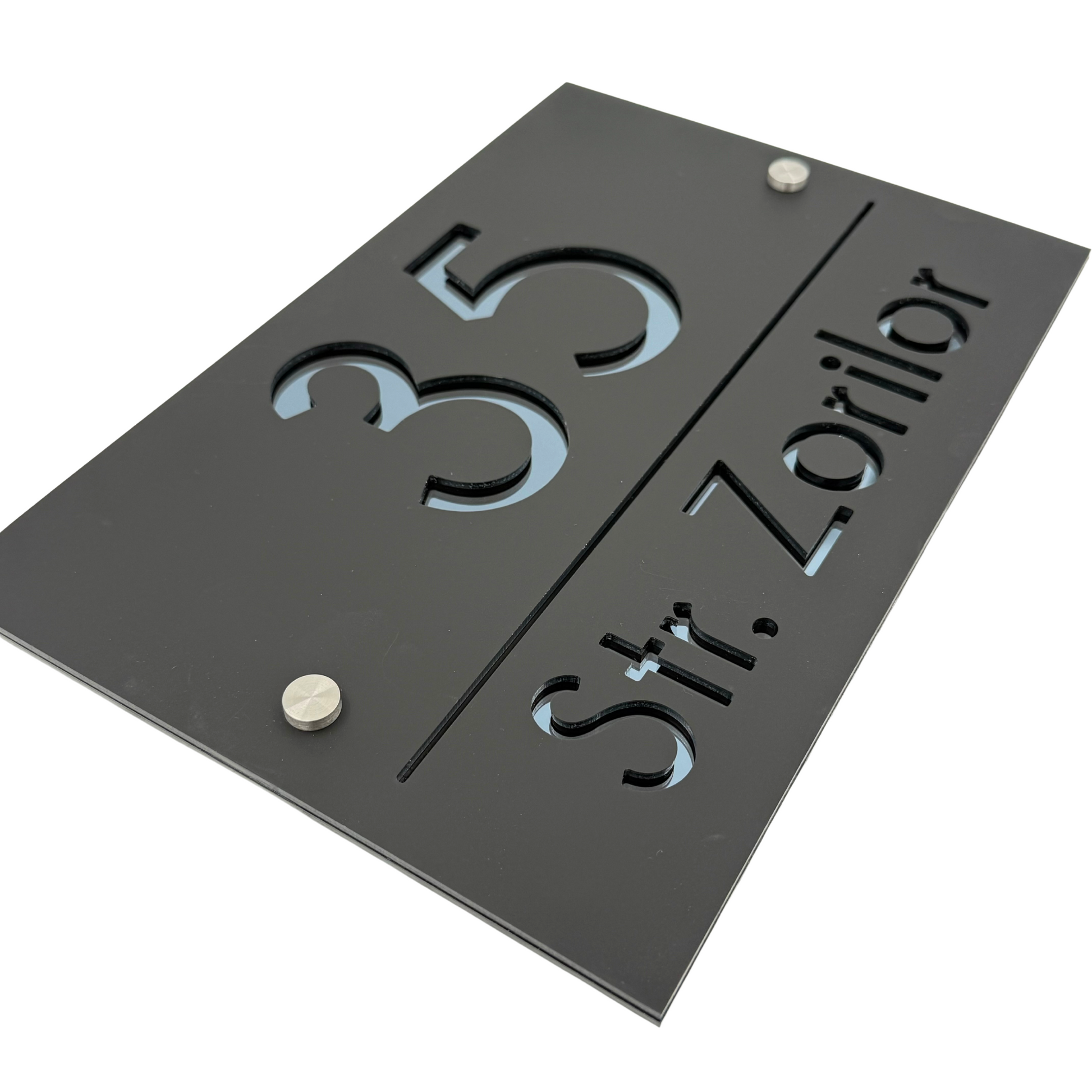 PREMIUM HOUSE NUMBER - Satin Black Anthracite Grey Mirror 2 Spacers Silver - 30×20 cm
