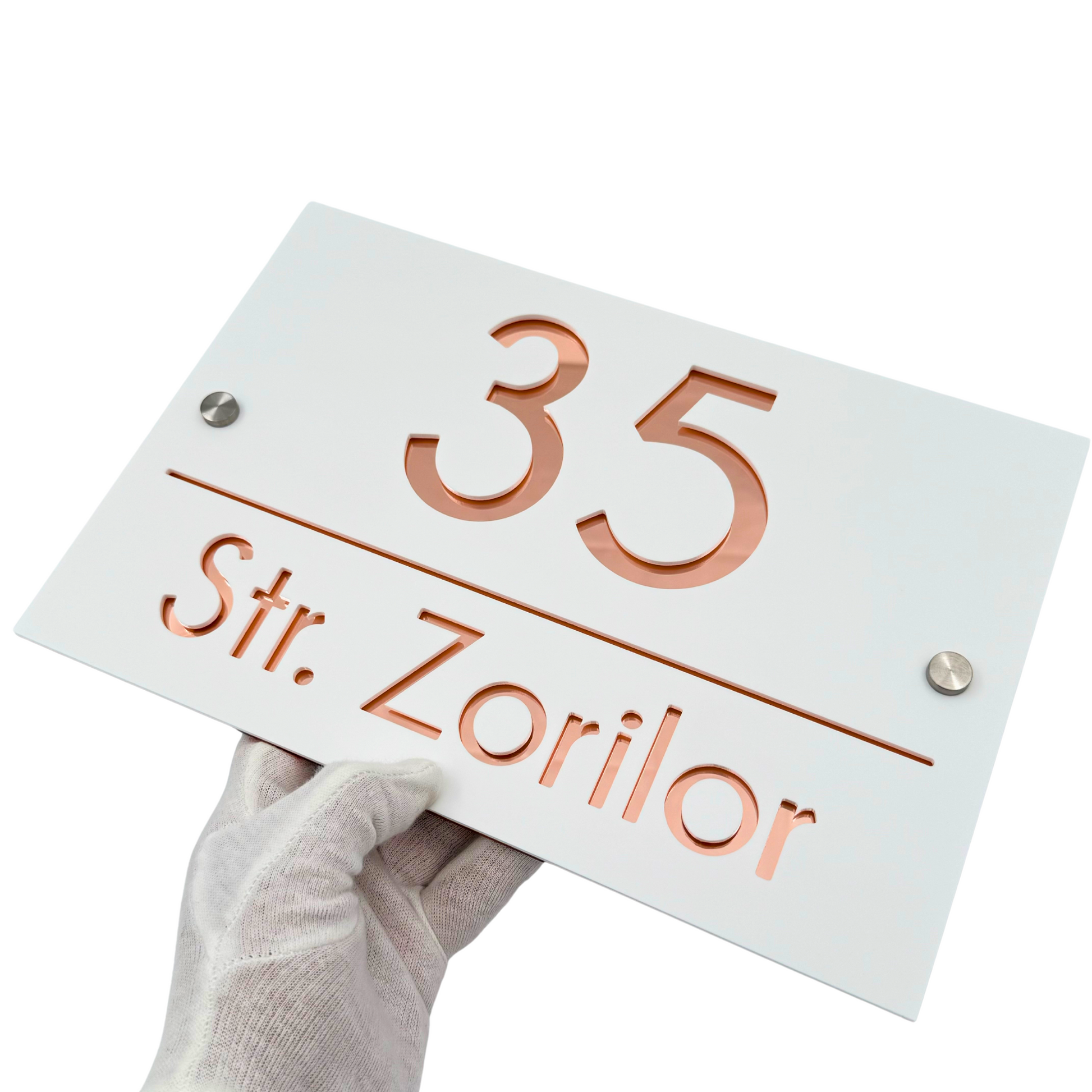 PREMIUM HOUSE NUMBER - White Satin Rose Gold Mirror 2 Spacers Silver - 30×20 cm
