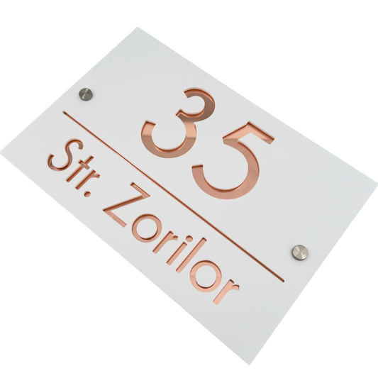 PREMIUM HOUSE NUMBER - White Satin Rose Gold Mirror 2 Spacers Silver - 30×20 cm