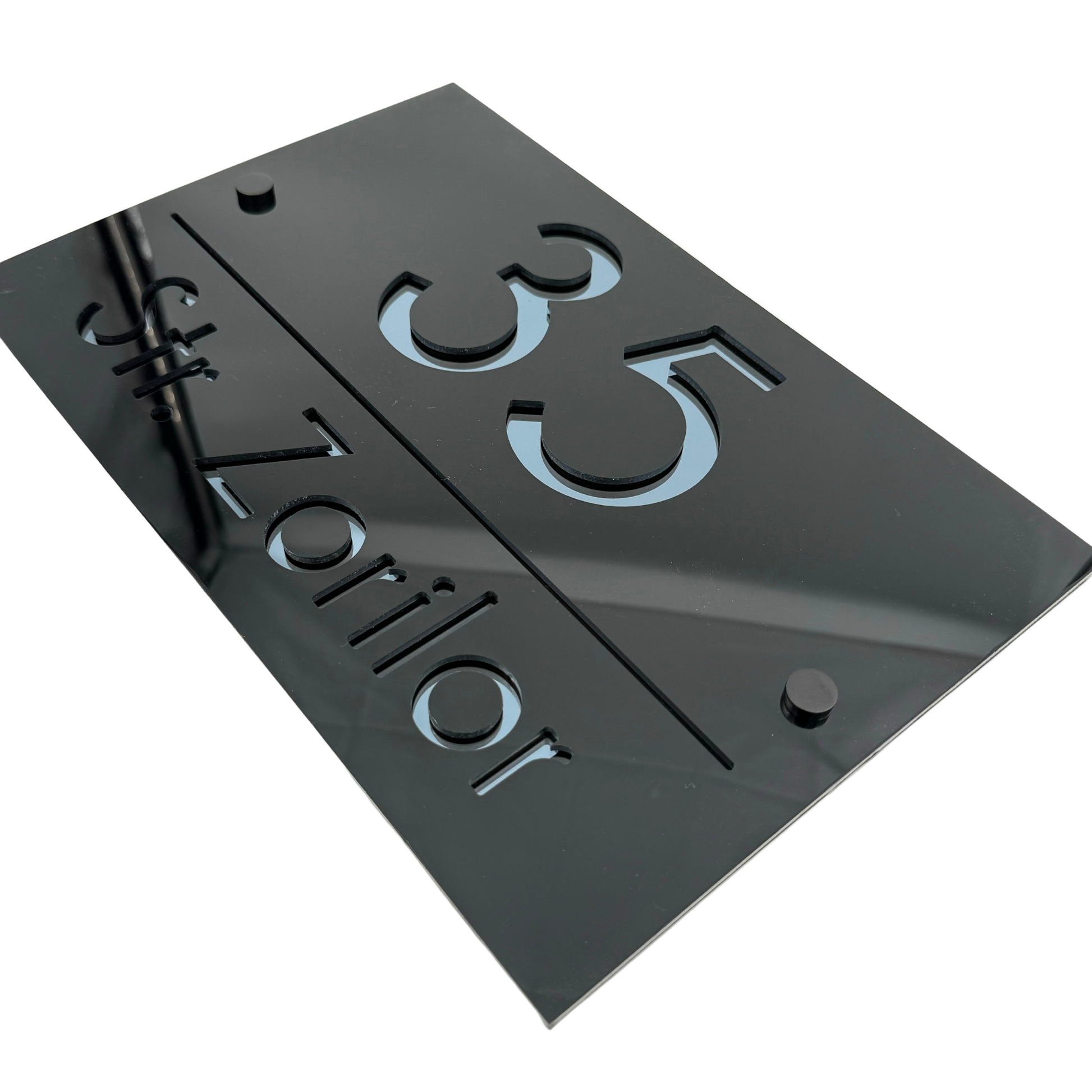 PREMIUM HOUSE NUMBER - Glossy Black Anthracite Grey Mirror 4 Spacers NeGreyi - 30×20 cm