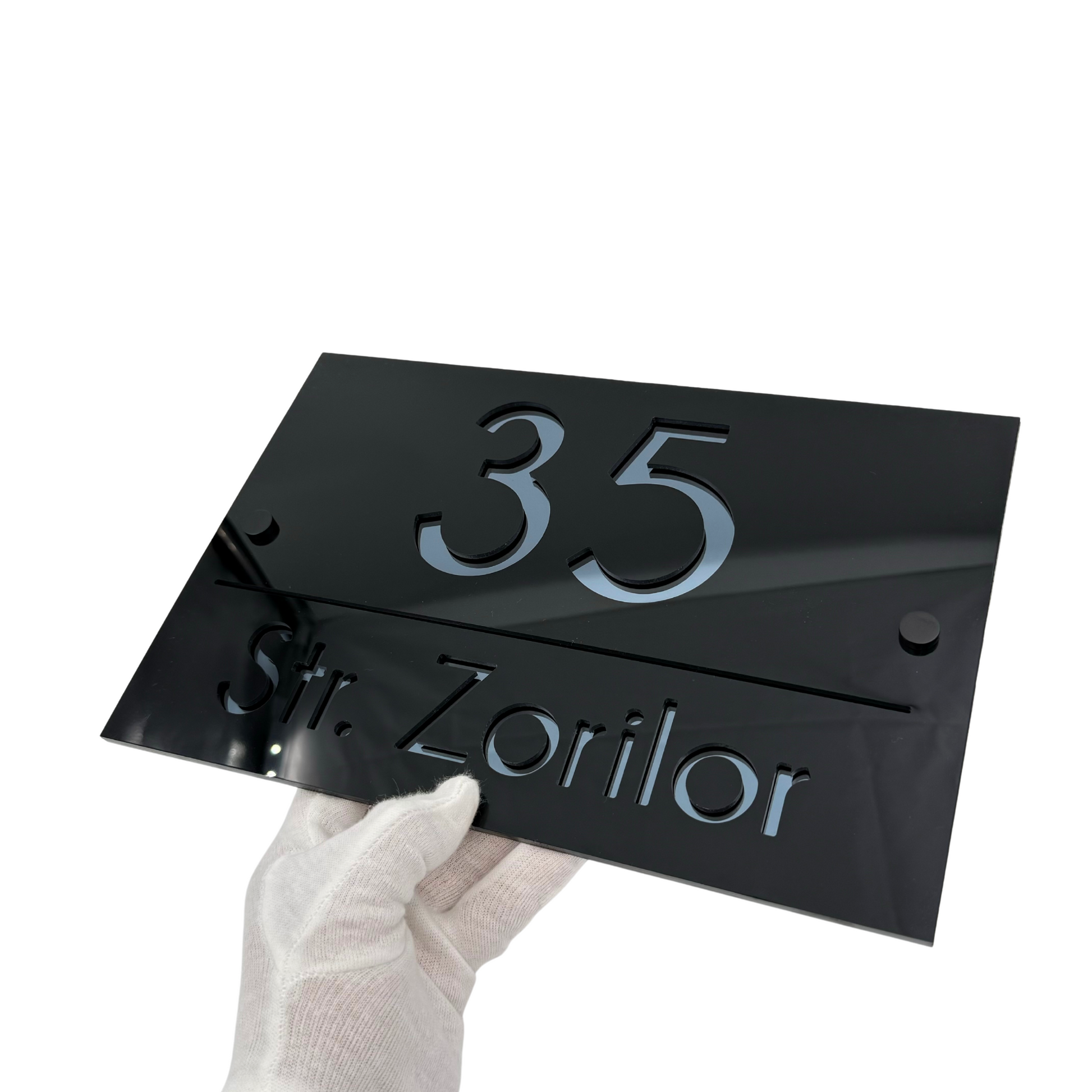 PREMIUM HOUSE NUMBER - Glossy Black Anthracite Grey Mirror 4 Spacers NeGreyi - 30×20 cm