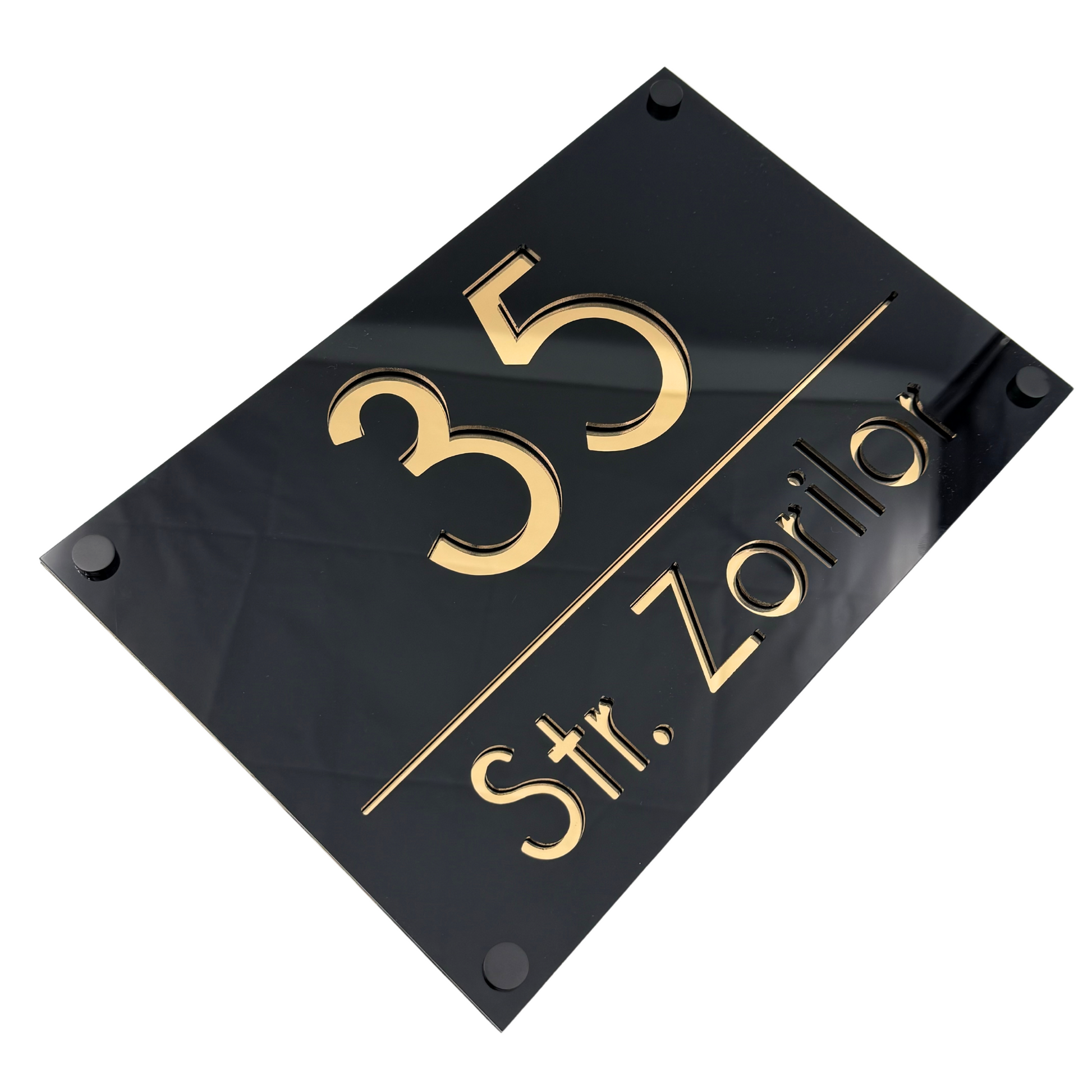 PREMIUM HOUSE NUMBER - Glossy Black Gold Mirror 4 Spacers NeGreyi - 30×20 cm