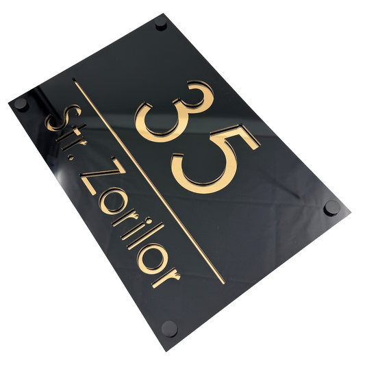 PREMIUM HOUSE NUMBER - Glossy Black Gold Mirror 4 Spacers NeGreyi - 30×20 cm
