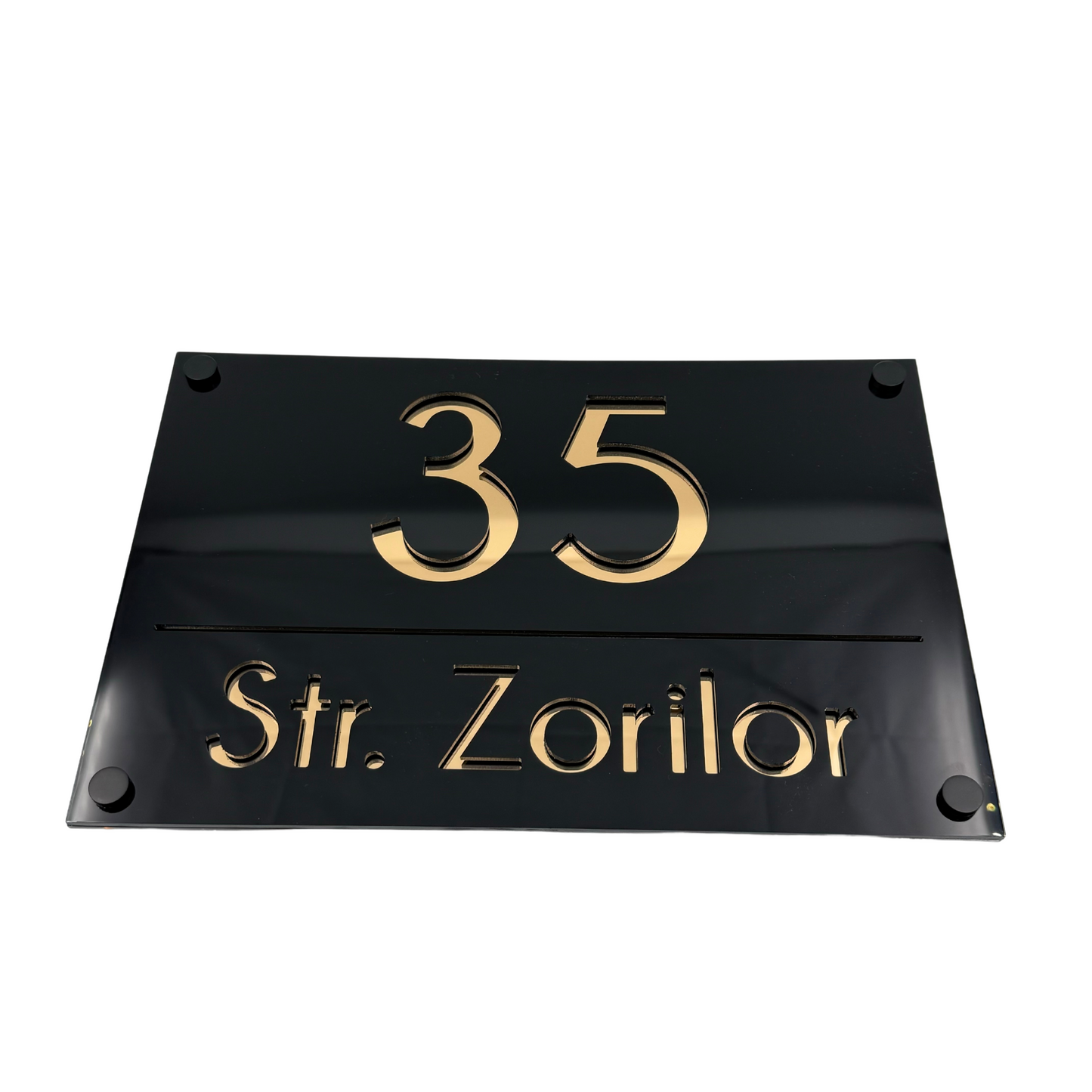 PREMIUM HOUSE NUMBER - Glossy Black Gold Mirror 4 Spacers NeGreyi - 30×20 cm