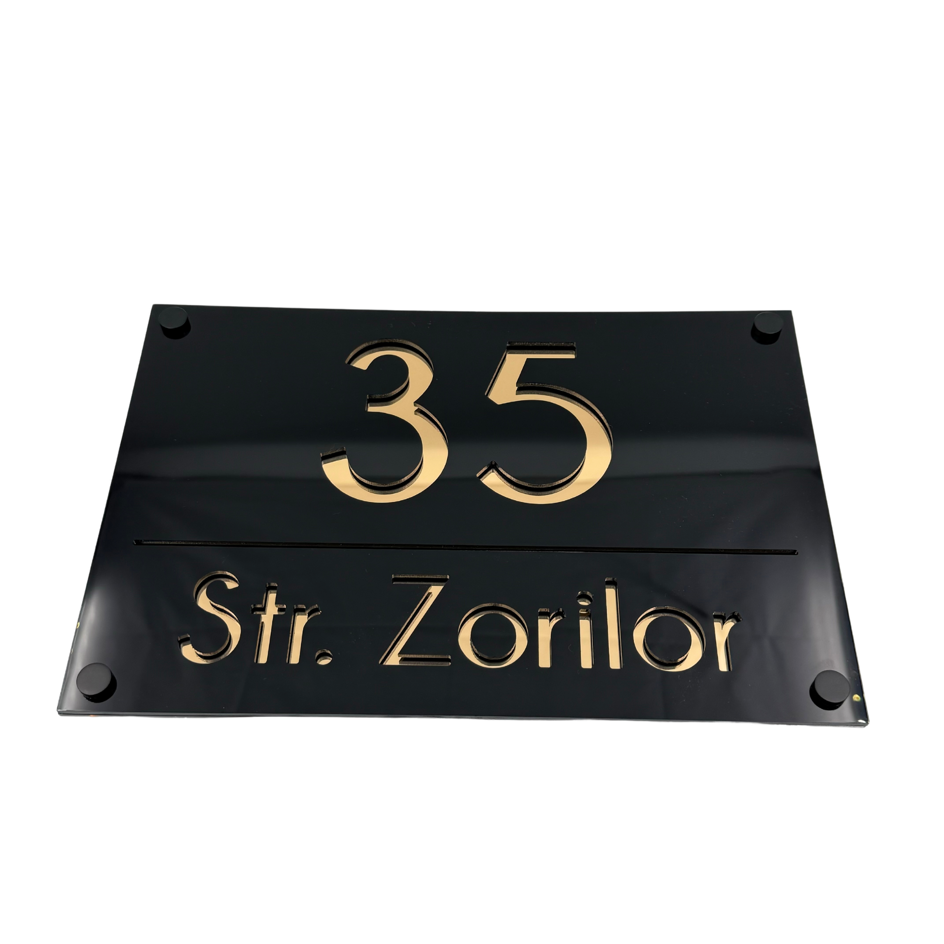 PREMIUM HOUSE NUMBER - Glossy Black Gold Mirror 4 Spacers NeGreyi - 30×20 cm