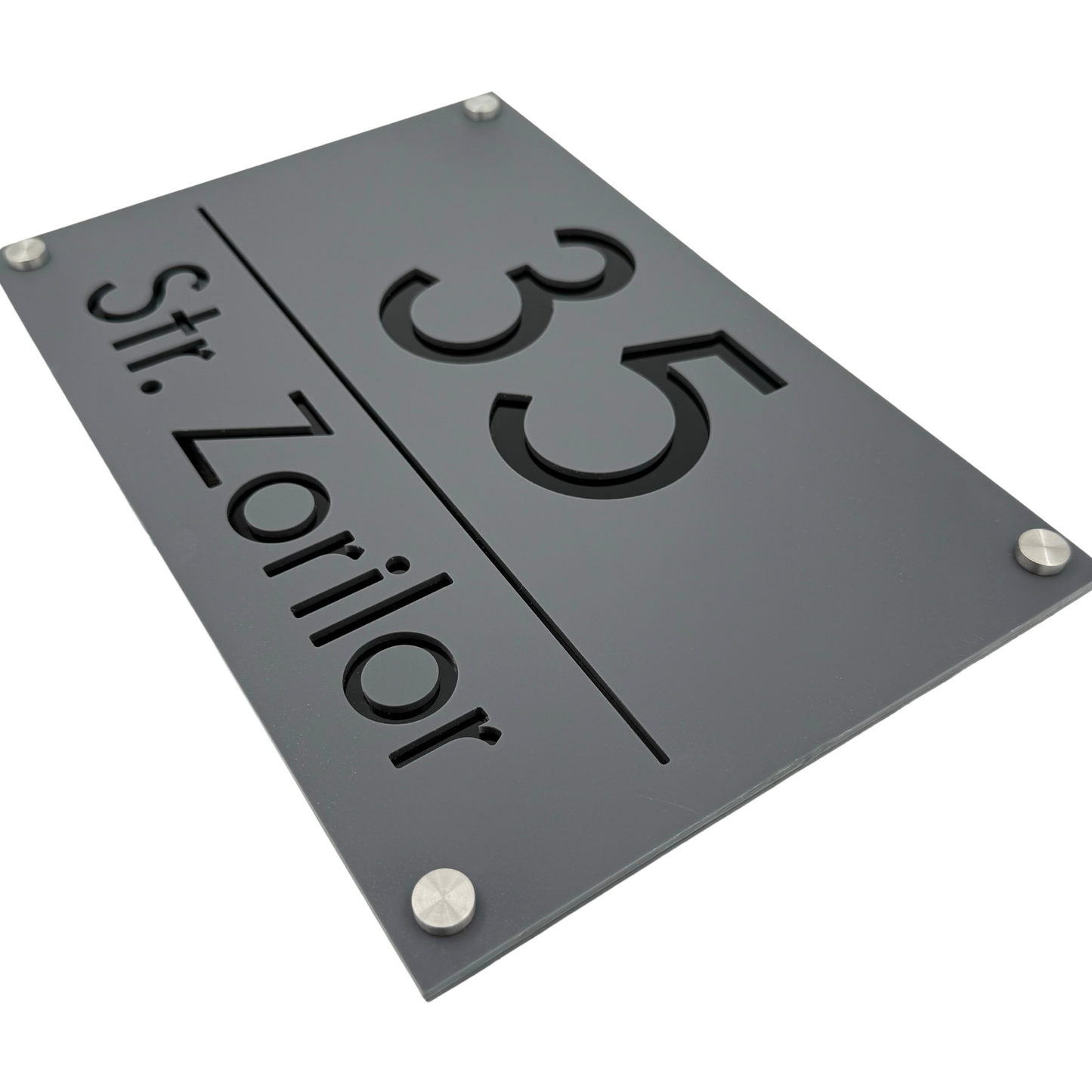 PREMIUM HOUSE NUMBER - Satin Grey Glossy Black 4 Spacers Silver - 30×20 cm