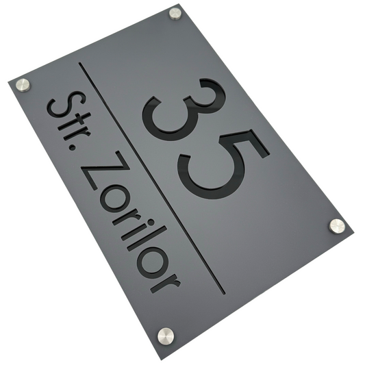 PREMIUM HOUSE NUMBER - Satin Grey Glossy Black 4 Spacers Silver - 30×20 cm