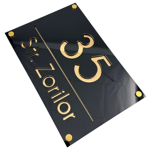 PREMIUM HOUSE NUMBER - Glossy Black Gold Mirror 4 Spacers Gold - 30×20 cm