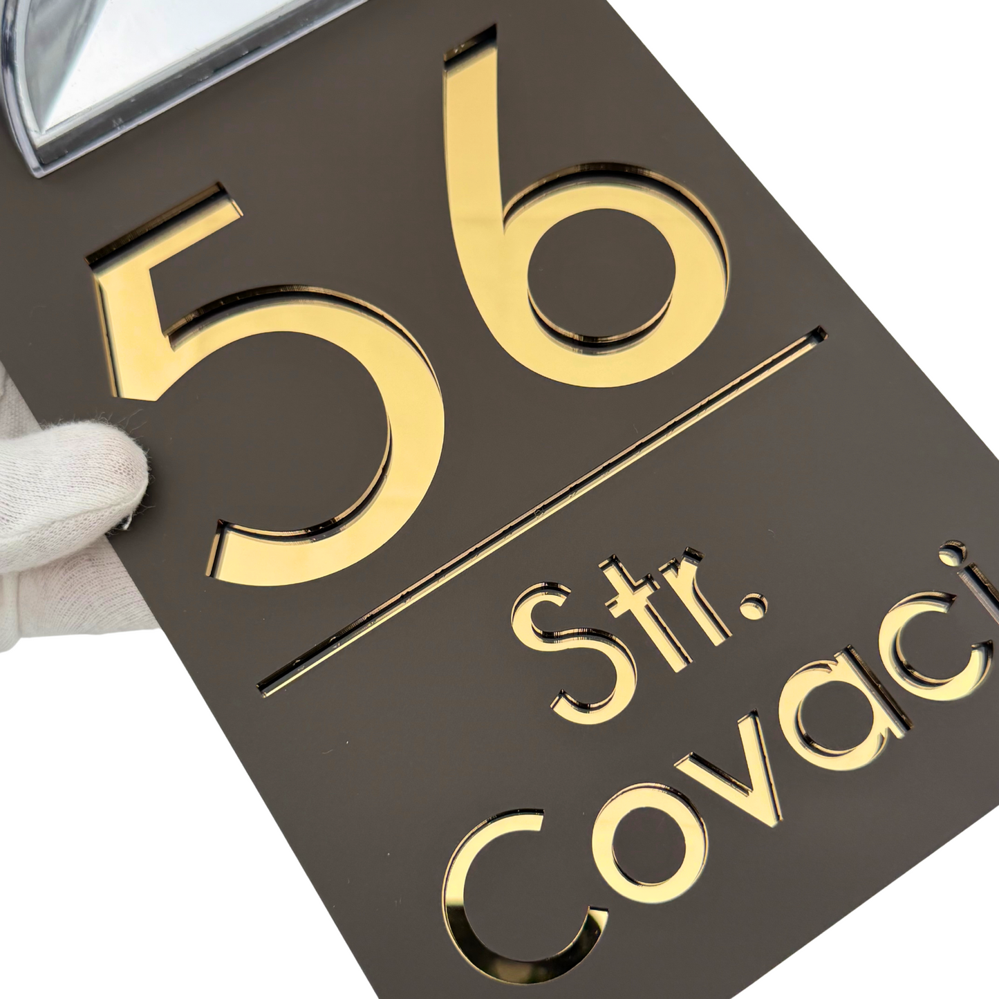 PREMIUM HOUSE NUMBER – Satin Brown Gold Mirror Solar Lamp – 30 x15 cm