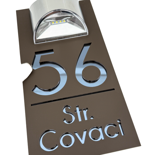 PREMIUM HOUSE NUMBER – Satin Brown Anthracite Grey Mirror Solar Lamp – 30 x15 cm