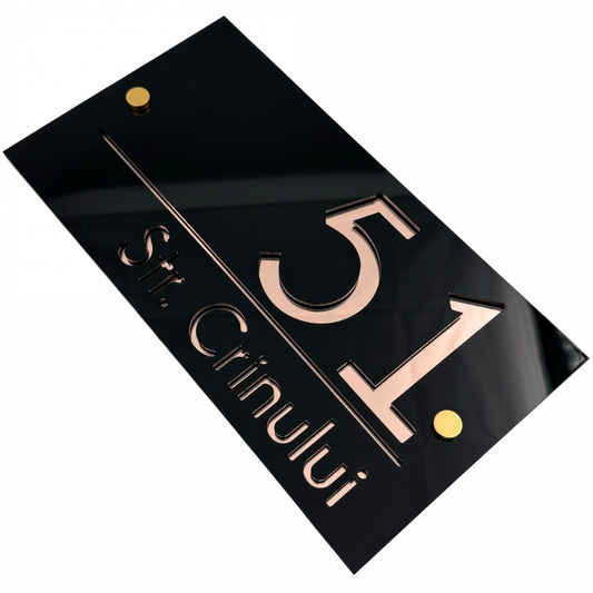 PREMIUM HOUSE NUMBER - Glossy Black Rose Gold Mirror 2 Spacers Gold - 28×15 cm