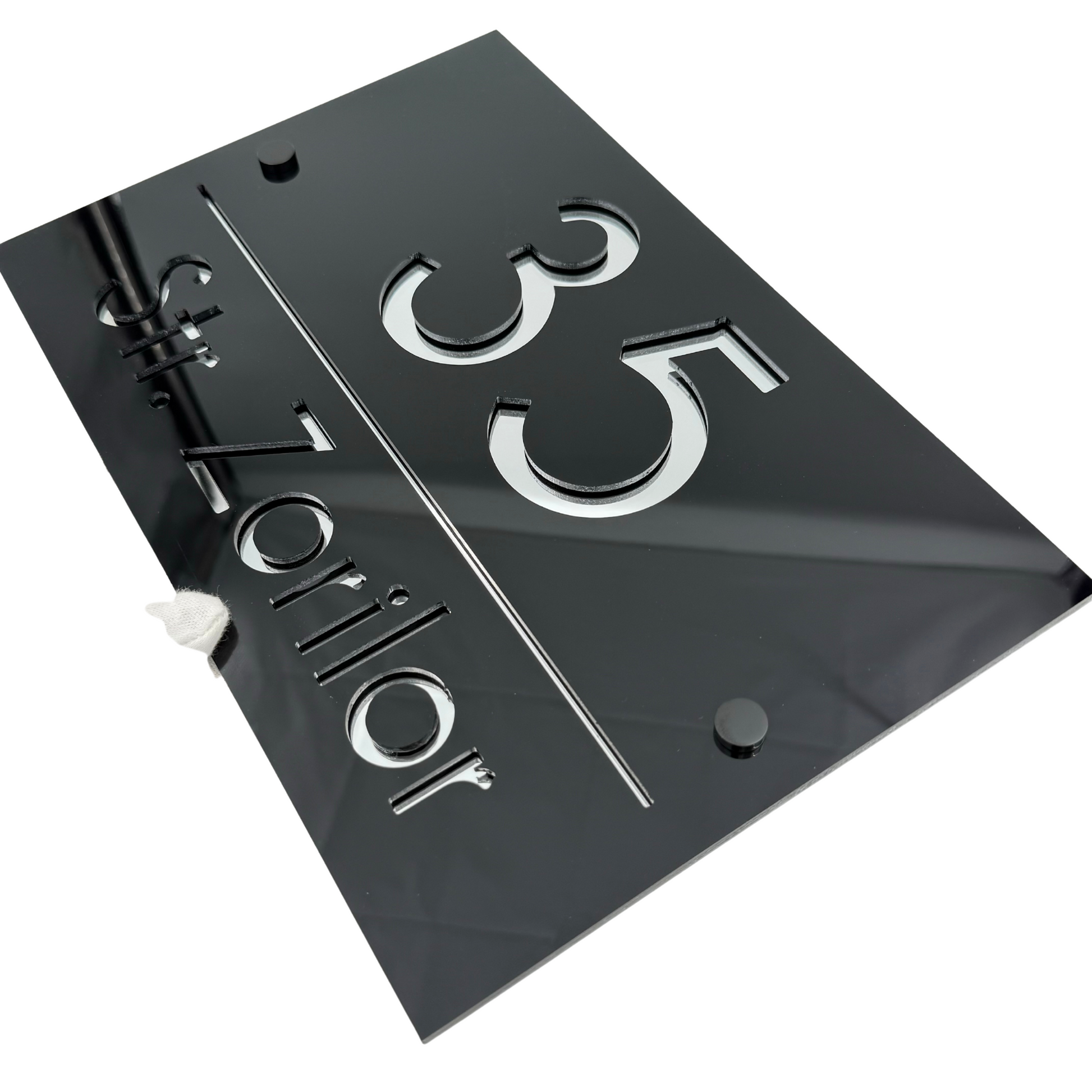PREMIUM HOUSE NUMBER - Glossy Black Silver Mirror 2 Spacers NeGreyi - 30×20 cm