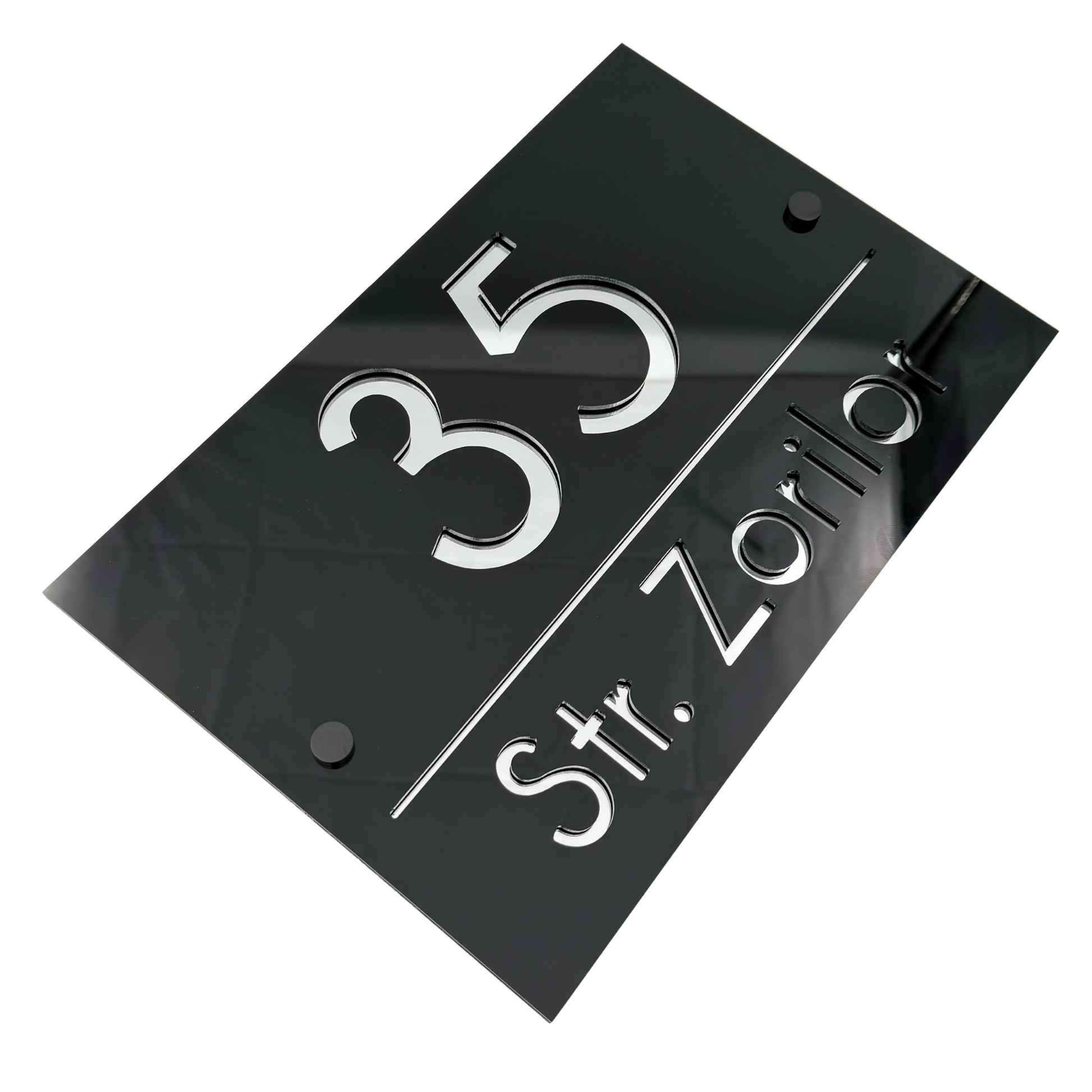 PREMIUM HOUSE NUMBER - Glossy Black Silver Mirror 2 Spacers NeGreyi - 30×20 cm