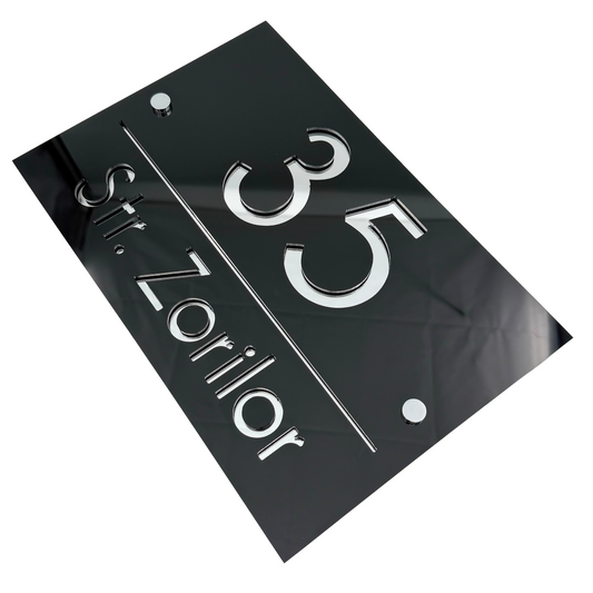 PREMIUM HOUSE NUMBER - Glossy Black Silver Mirror 2 Spacers Silver - 30×20 cm