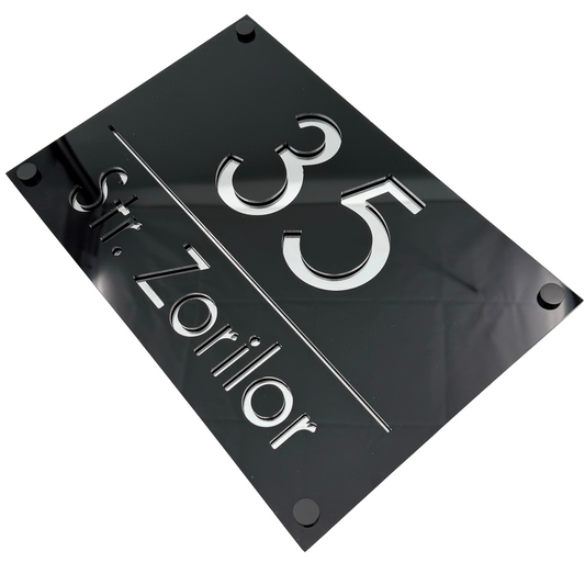 PREMIUM HOUSE NUMBER - Glossy Black Silver Mirror 4 Spacers NeGreyi - 30×20 cm
