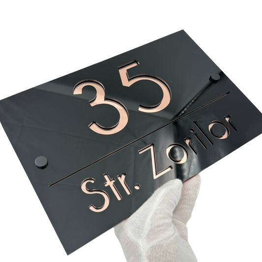 PREMIUM HOUSE NUMBER - Glossy Black Rose Gold Mirror 2 Spacers NeGreyi - 30×20 cm