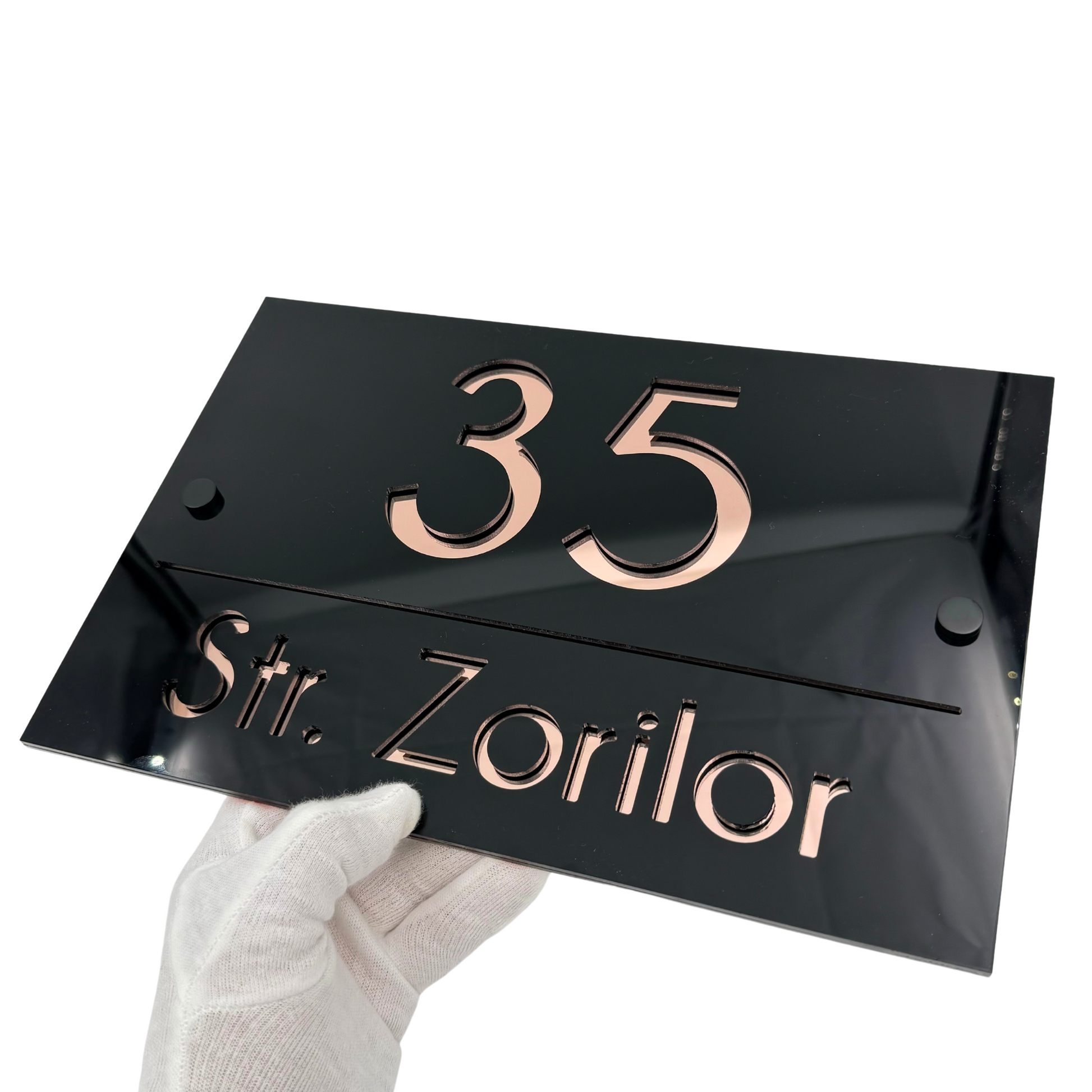PREMIUM HOUSE NUMBER - Glossy Black Rose Gold Mirror 2 Spacers NeGreyi - 30×20 cm