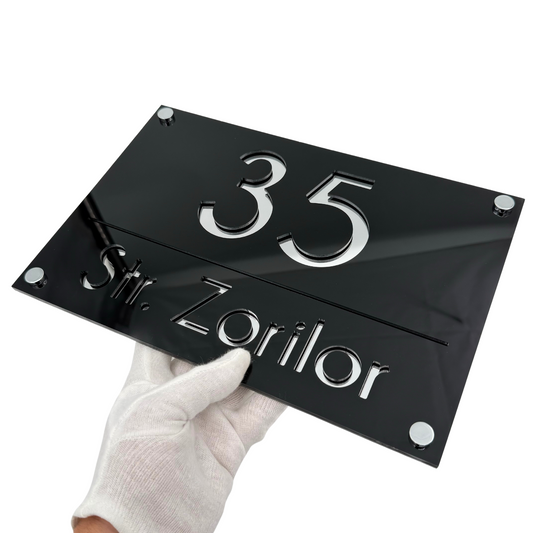 PREMIUM HOUSE NUMBER - Glossy Black Silver Mirror 4 Spacers Silver - 30×20 cm