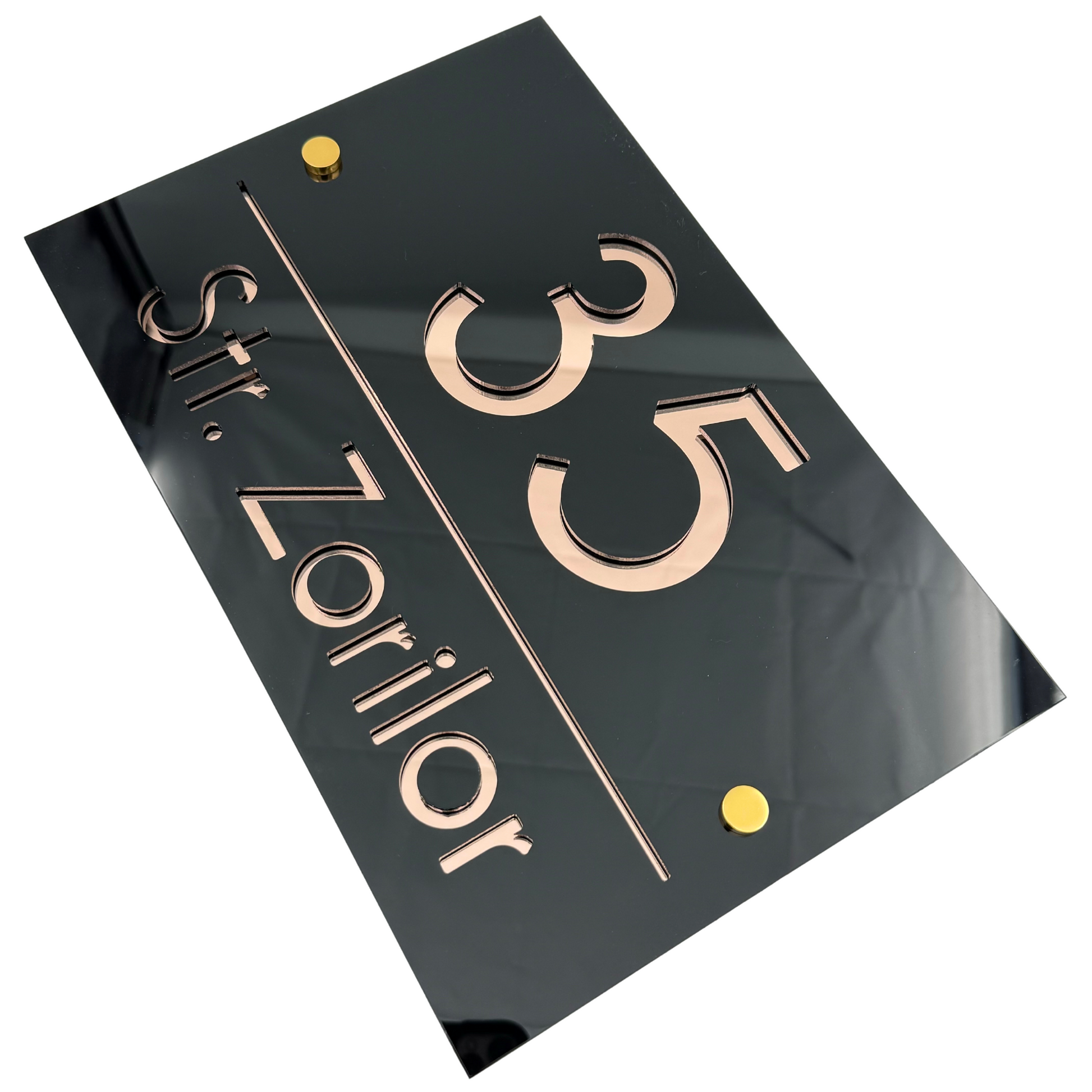 PREMIUM HOUSE NUMBER - Glossy Black Rose Gold Mirror 2 Spacers Gold - 30×20 cm