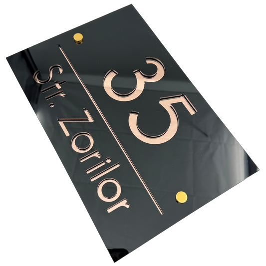PREMIUM HOUSE NUMBER - Glossy Black Rose Gold Mirror 2 Spacers Gold - 30×20 cm