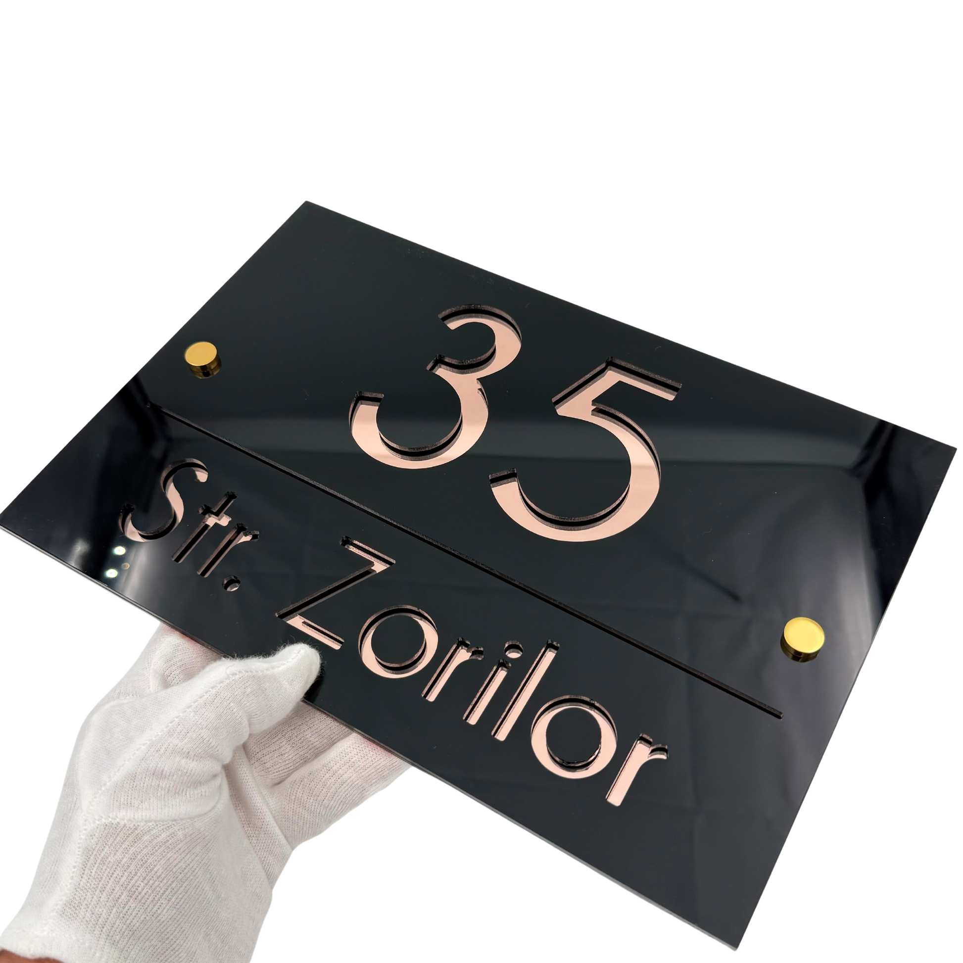 PREMIUM HOUSE NUMBER - Glossy Black Rose Gold Mirror 2 Spacers Gold - 30×20 cm