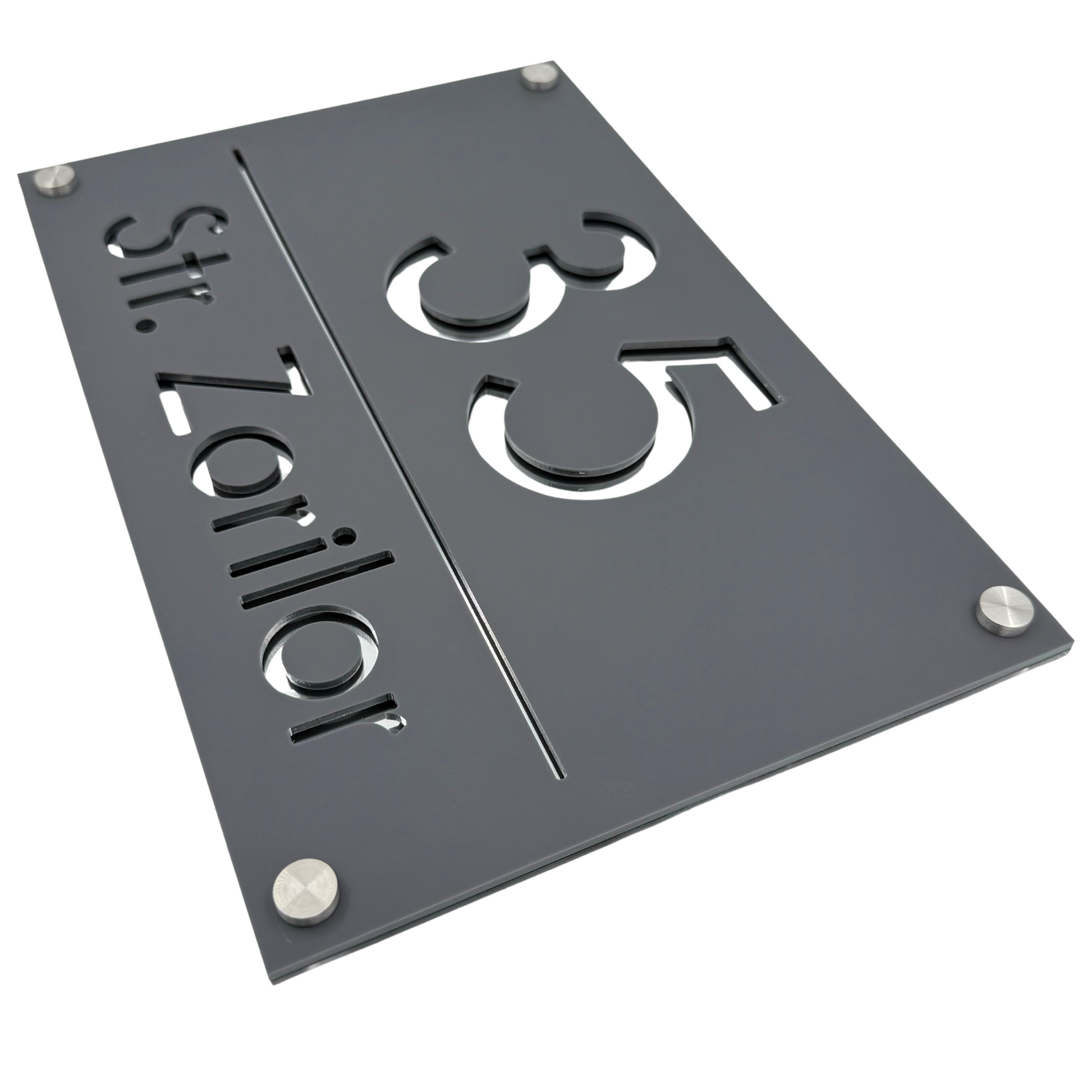 PREMIUM HOUSE NUMBER - Satin Grey Silver Mirror 4 Spacers Silver - 30×20 cm