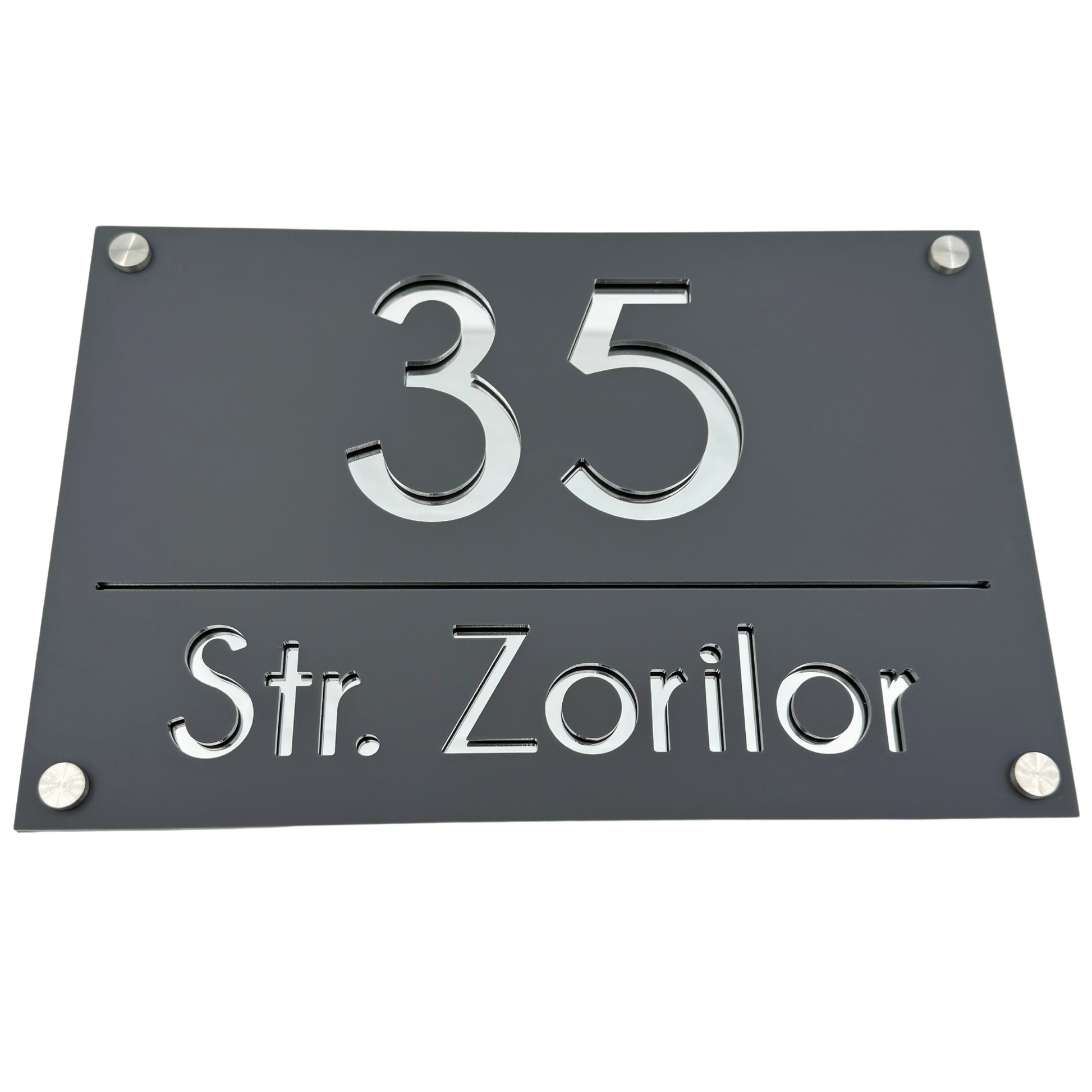 PREMIUM HOUSE NUMBER - Satin Grey Silver Mirror 4 Spacers Silver - 30×20 cm