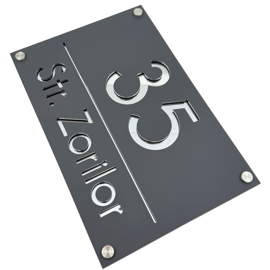 PREMIUM HOUSE NUMBER - Satin Grey Silver Mirror 4 Spacers Silver - 30×20 cm
