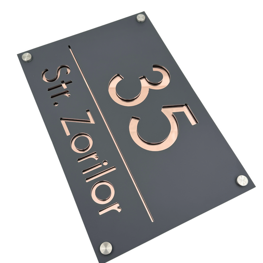 PREMIUM HOUSE NUMBER - Satin Grey Rose Gold Mirror 4 Spacers Silver - 30×20 cm