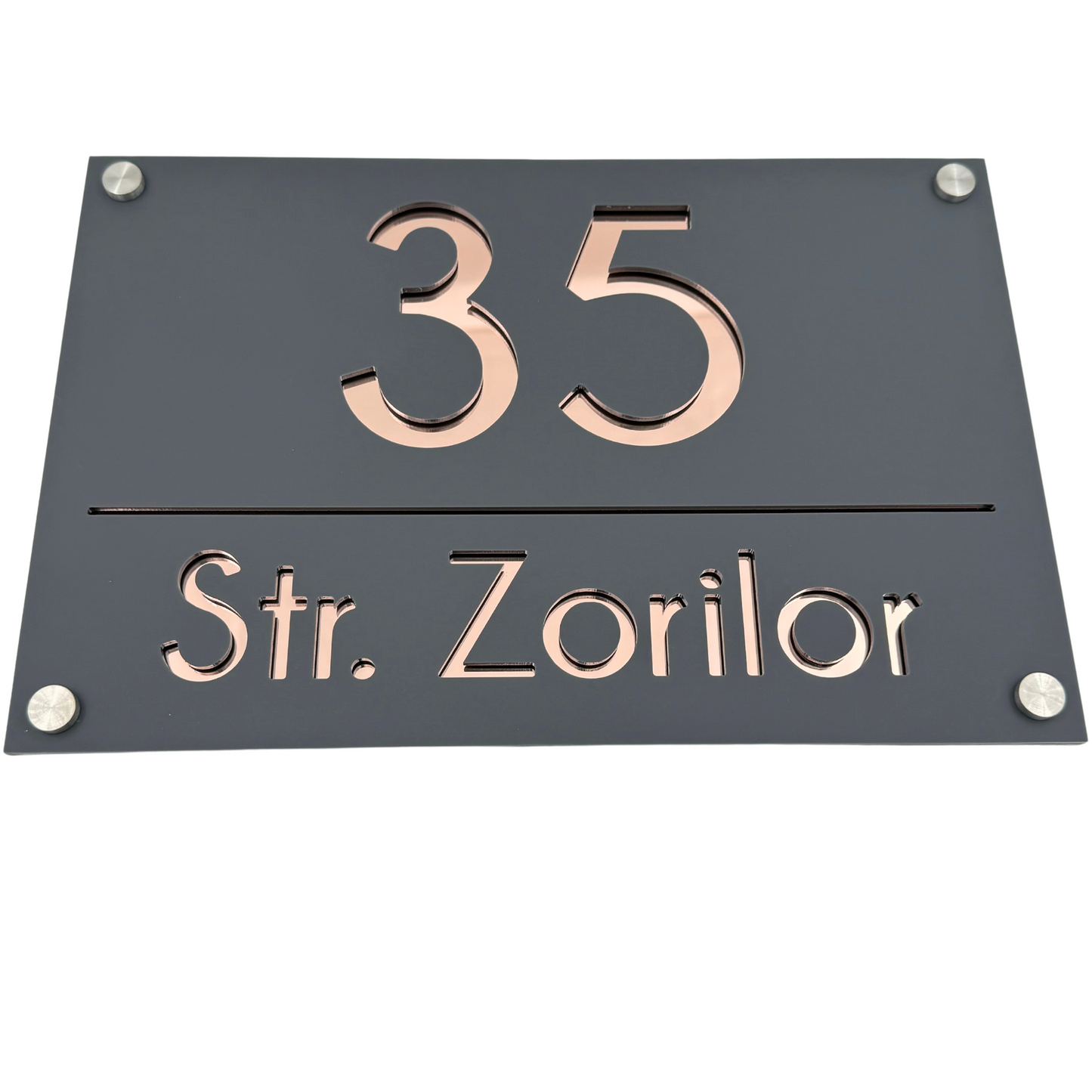 PREMIUM HOUSE NUMBER - Satin Grey Rose Gold Mirror 4 Spacers Silver - 30×20 cm