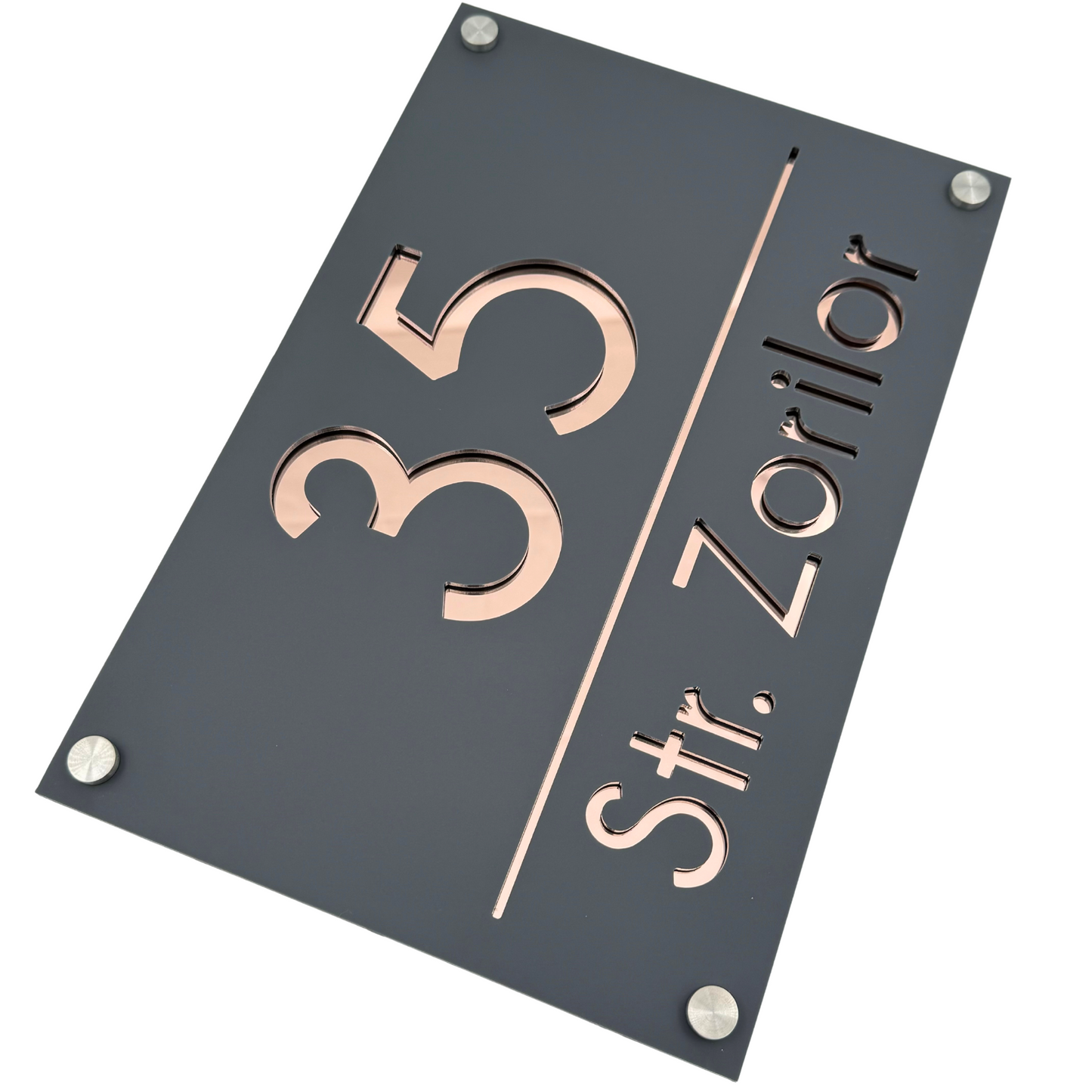 PREMIUM HOUSE NUMBER - Satin Grey Rose Gold Mirror 4 Spacers Silver - 30×20 cm
