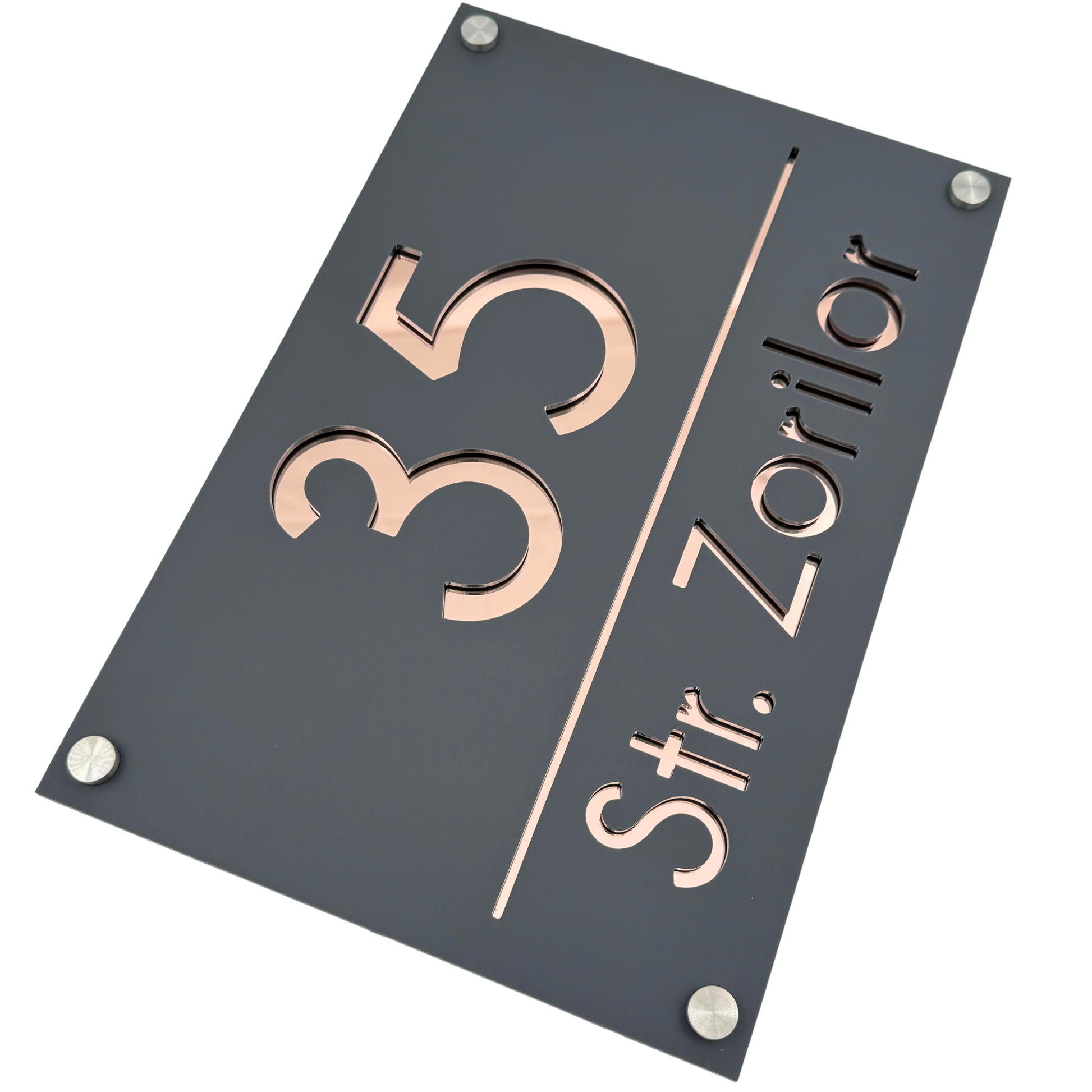 PREMIUM HOUSE NUMBER - Satin Grey Rose Gold Mirror 4 Spacers Silver - 30×20 cm