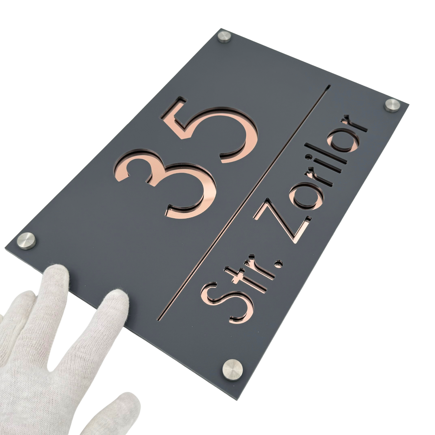 PREMIUM HOUSE NUMBER - Satin Grey Rose Gold Mirror 4 Spacers Silver - 30×20 cm