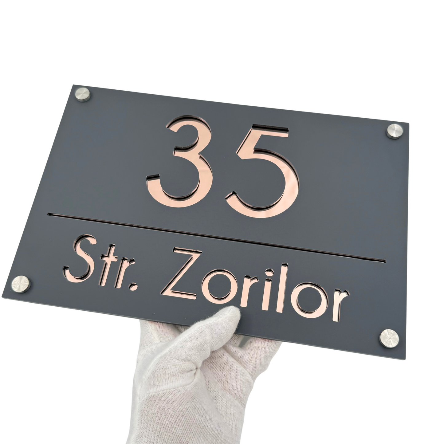 PREMIUM HOUSE NUMBER - Satin Grey Rose Gold Mirror 4 Spacers Silver - 30×20 cm
