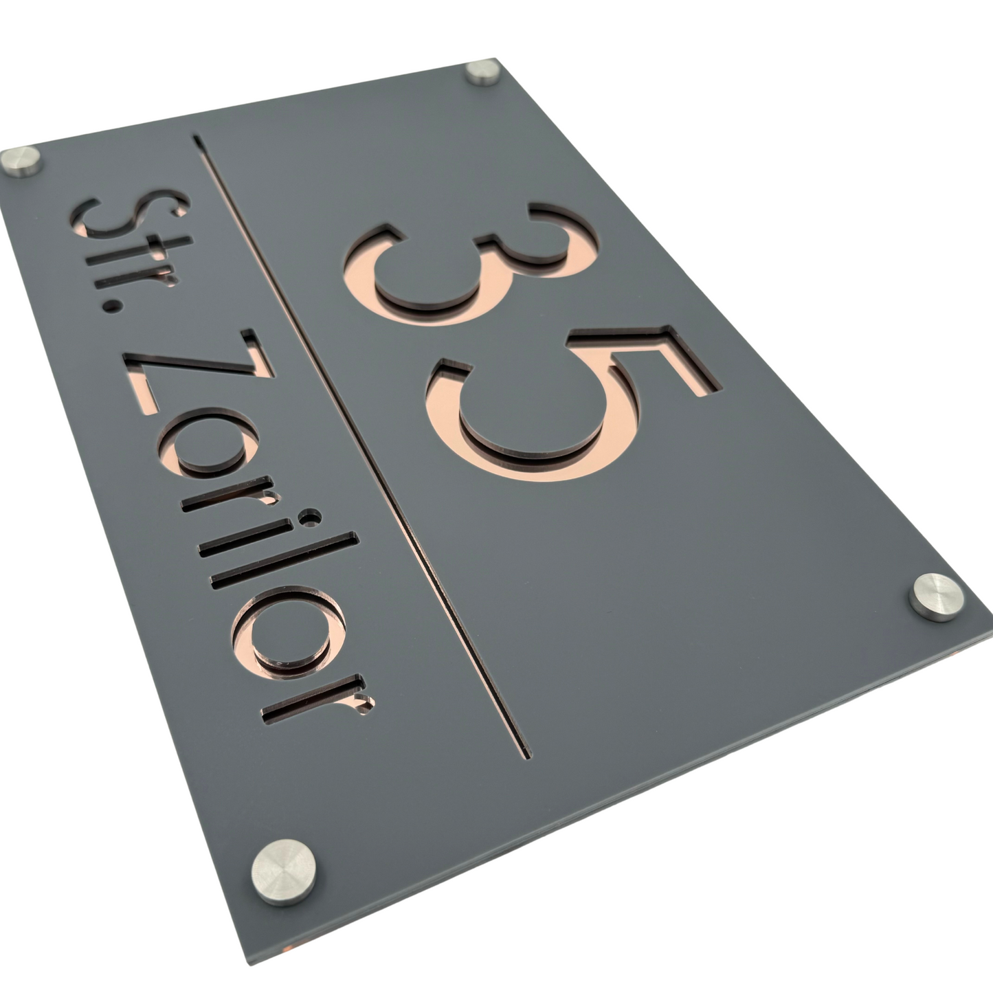 PREMIUM HOUSE NUMBER - Satin Grey Rose Gold Mirror 4 Spacers Silver - 30×20 cm