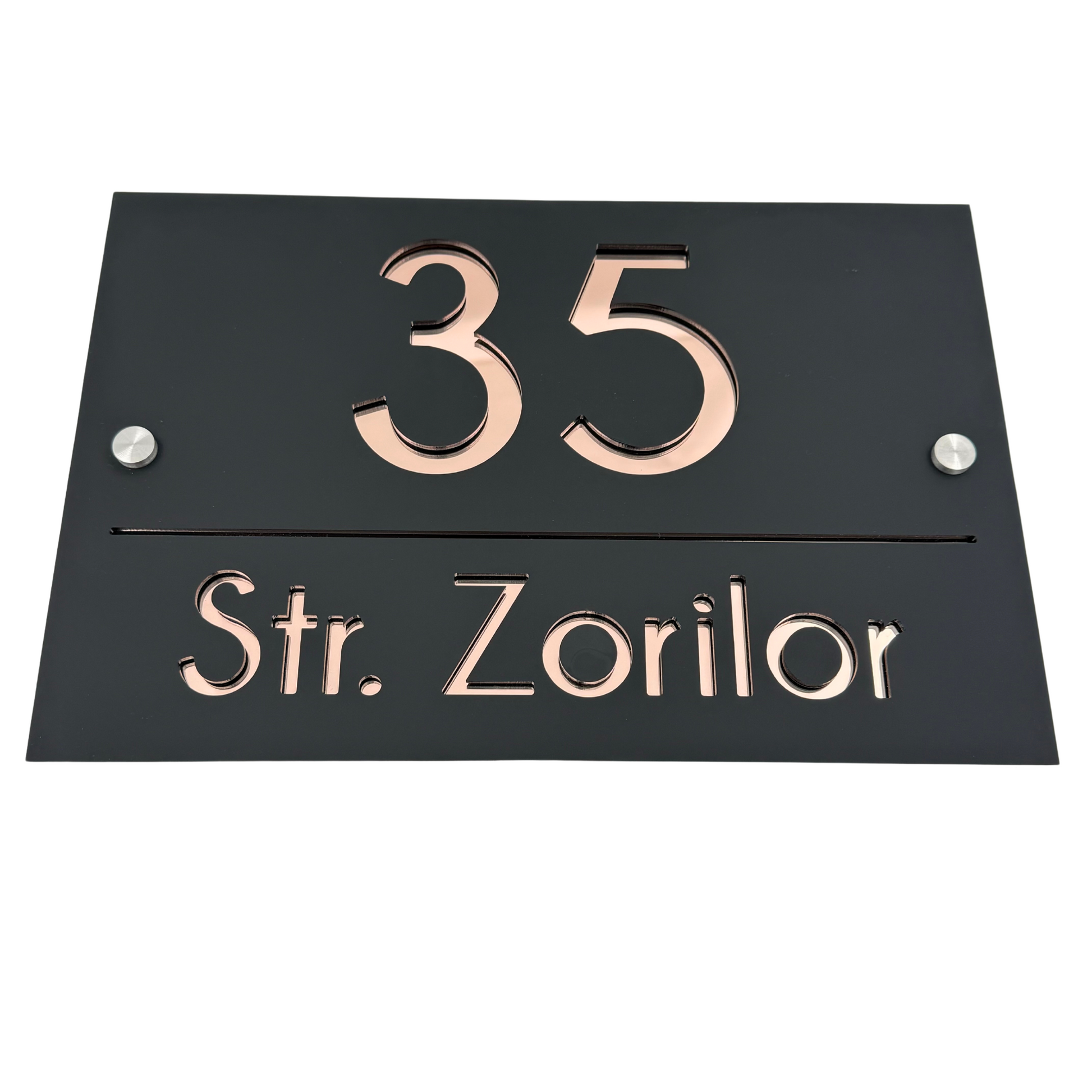 PREMIUM HOUSE NUMBER - Satin Black Rose Gold Mirror 2 Spacers Silver - 30×20 cm