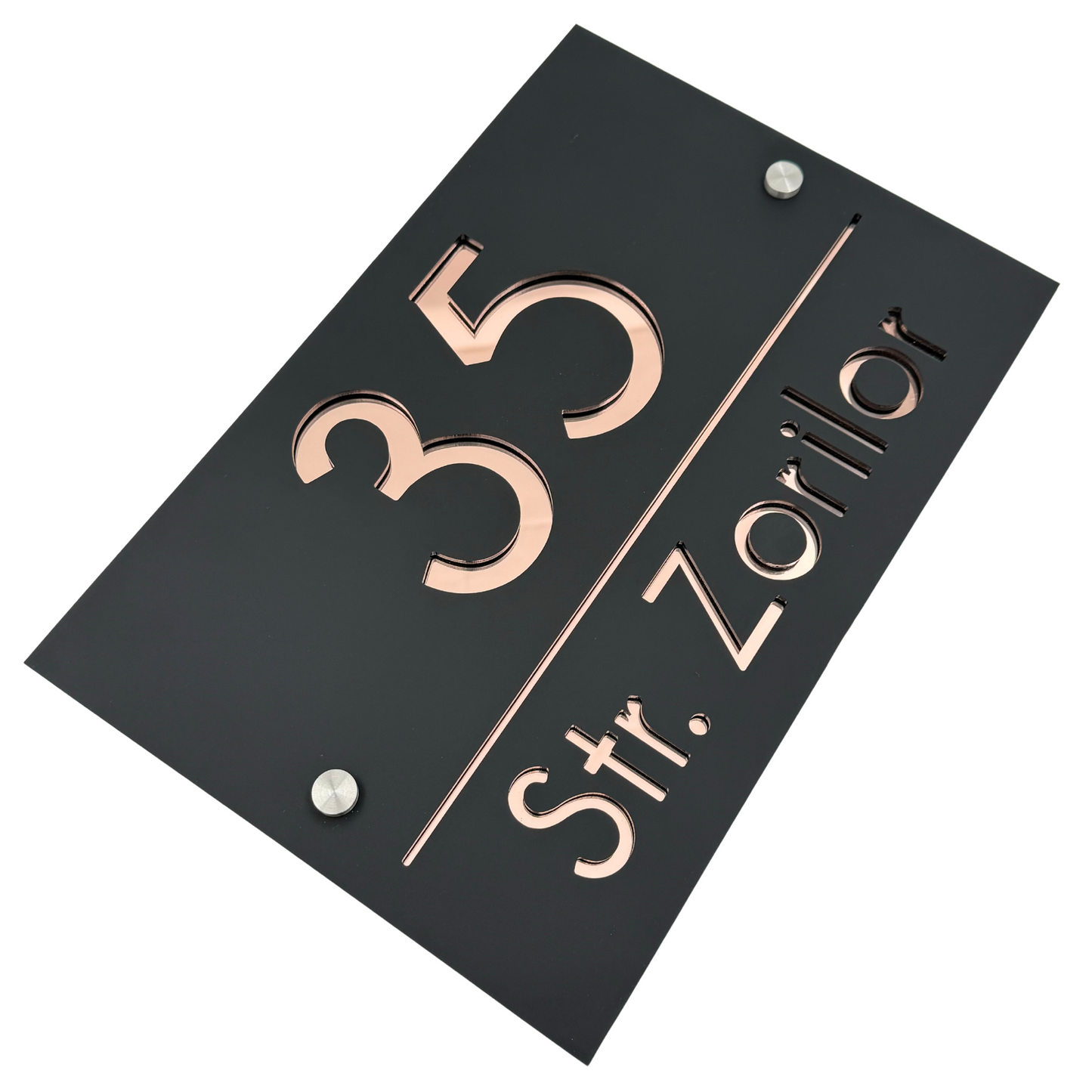 PREMIUM HOUSE NUMBER - Satin Black Rose Gold Mirror 2 Spacers Silver - 30×20 cm