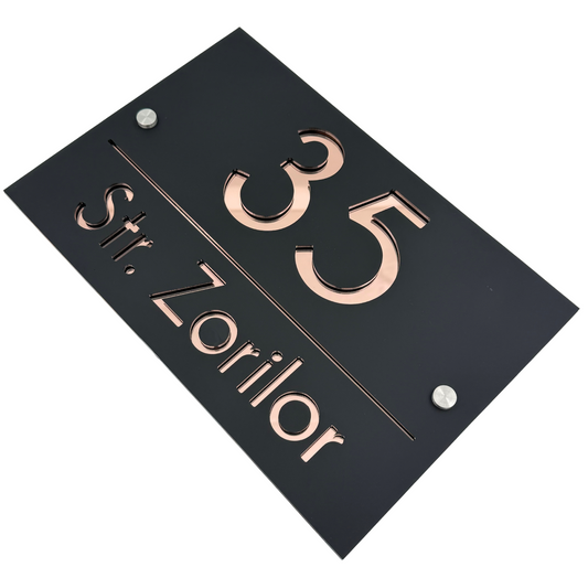 PREMIUM HOUSE NUMBER - Satin Black Rose Gold Mirror 2 Spacers Silver - 30×20 cm
