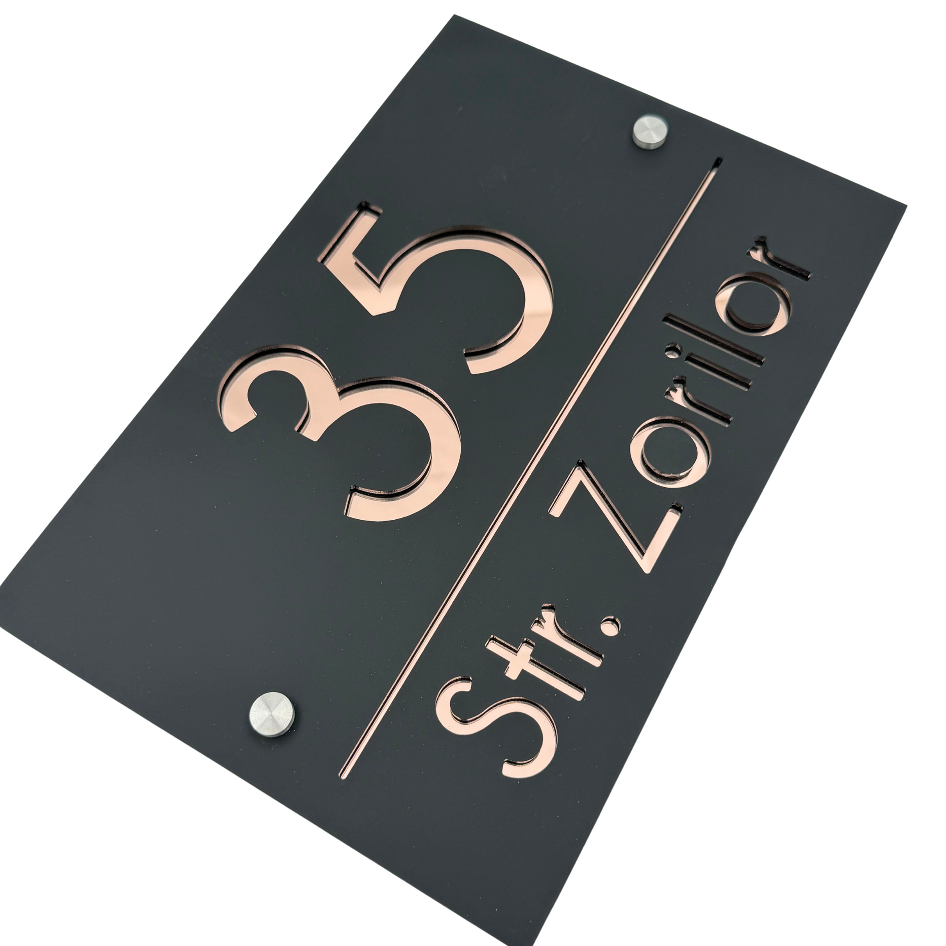 PREMIUM HOUSE NUMBER - Satin Black Rose Gold Mirror 2 Spacers Silver - 30×20 cm