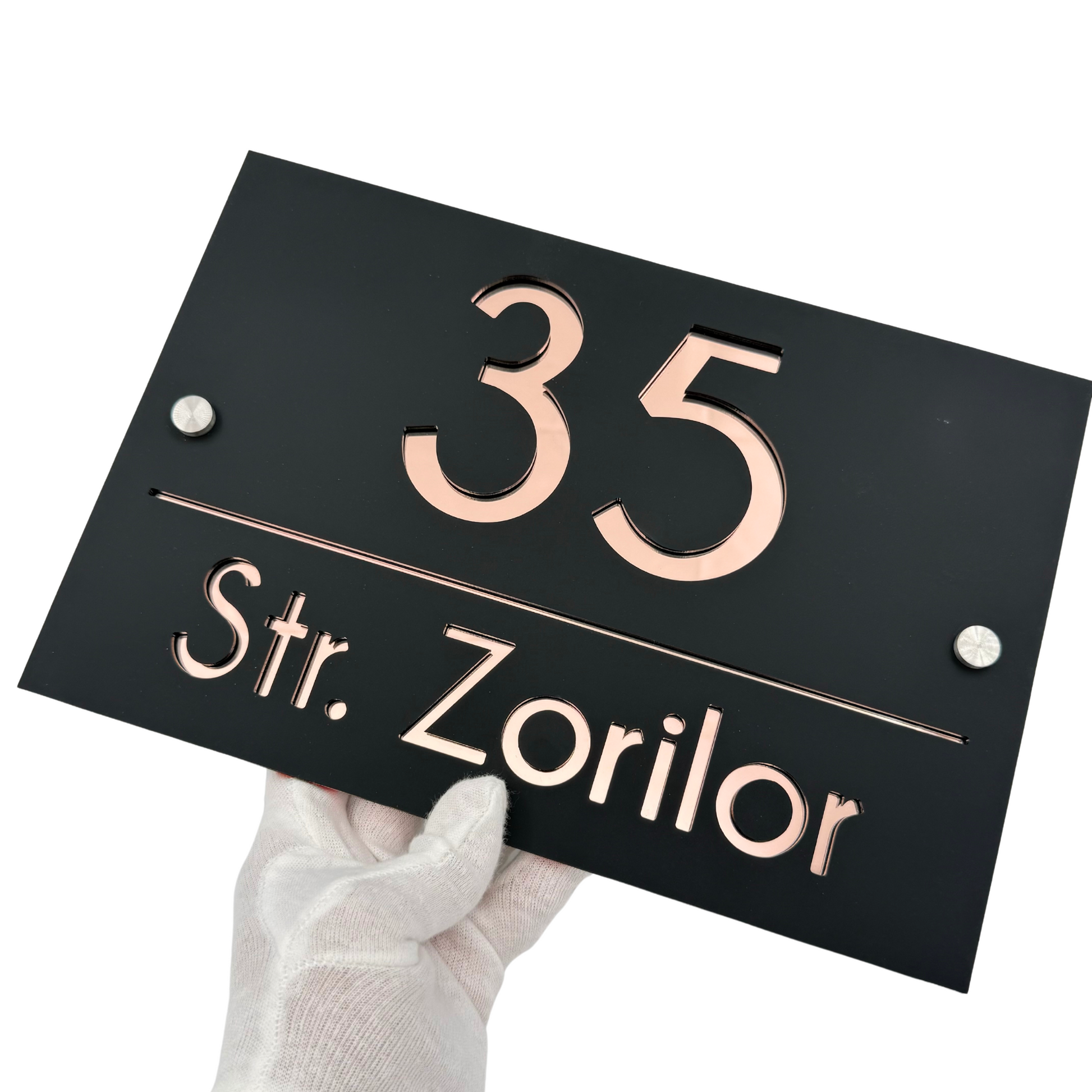 PREMIUM HOUSE NUMBER - Satin Black Rose Gold Mirror 2 Spacers Silver - 30×20 cm