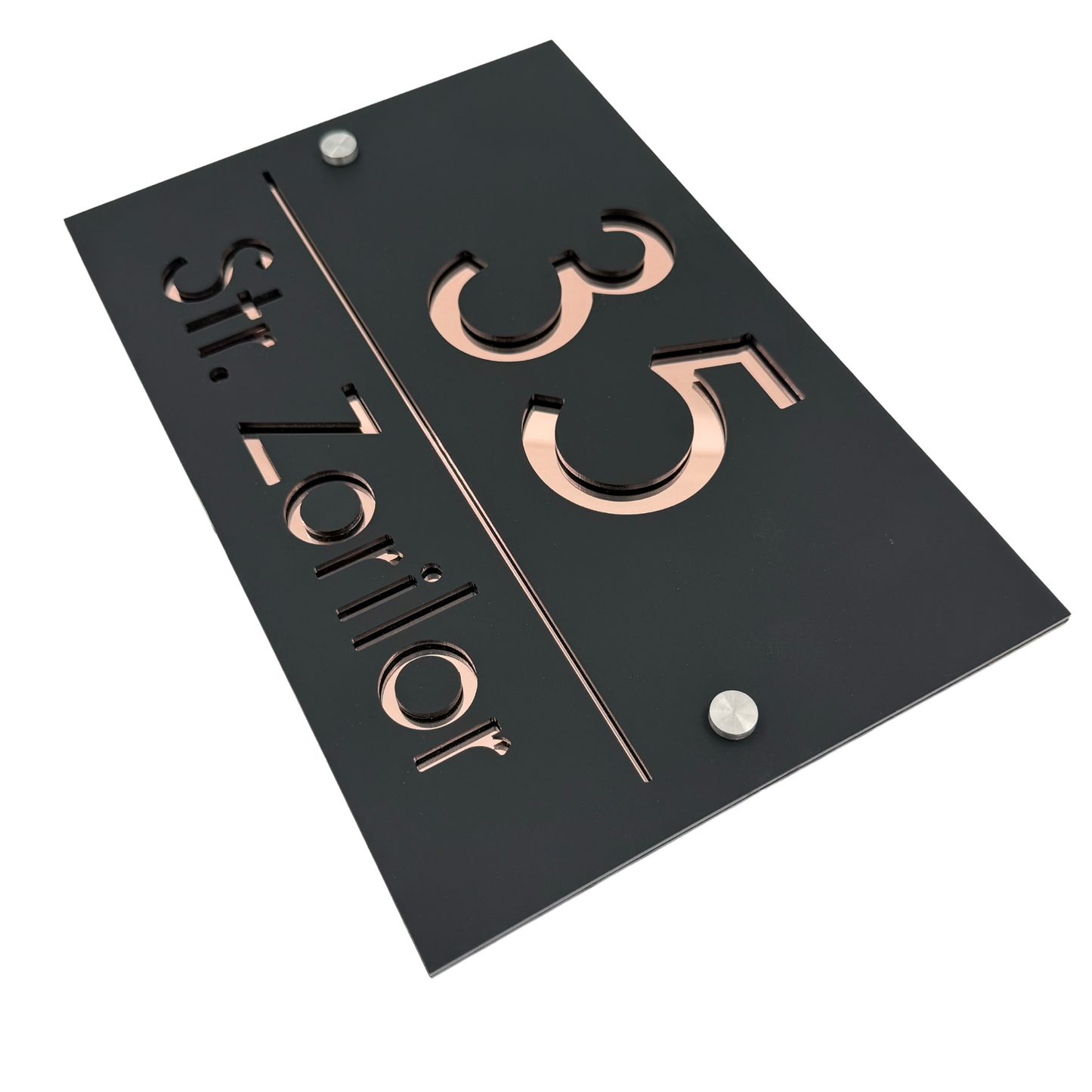 PREMIUM HOUSE NUMBER - Satin Black Rose Gold Mirror 2 Spacers Silver - 30×20 cm